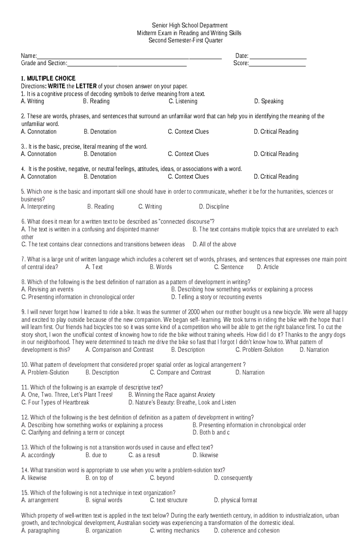 Midterm Exam in Reading & Writing Skills for SHS - 2nd Sem - Studocu
