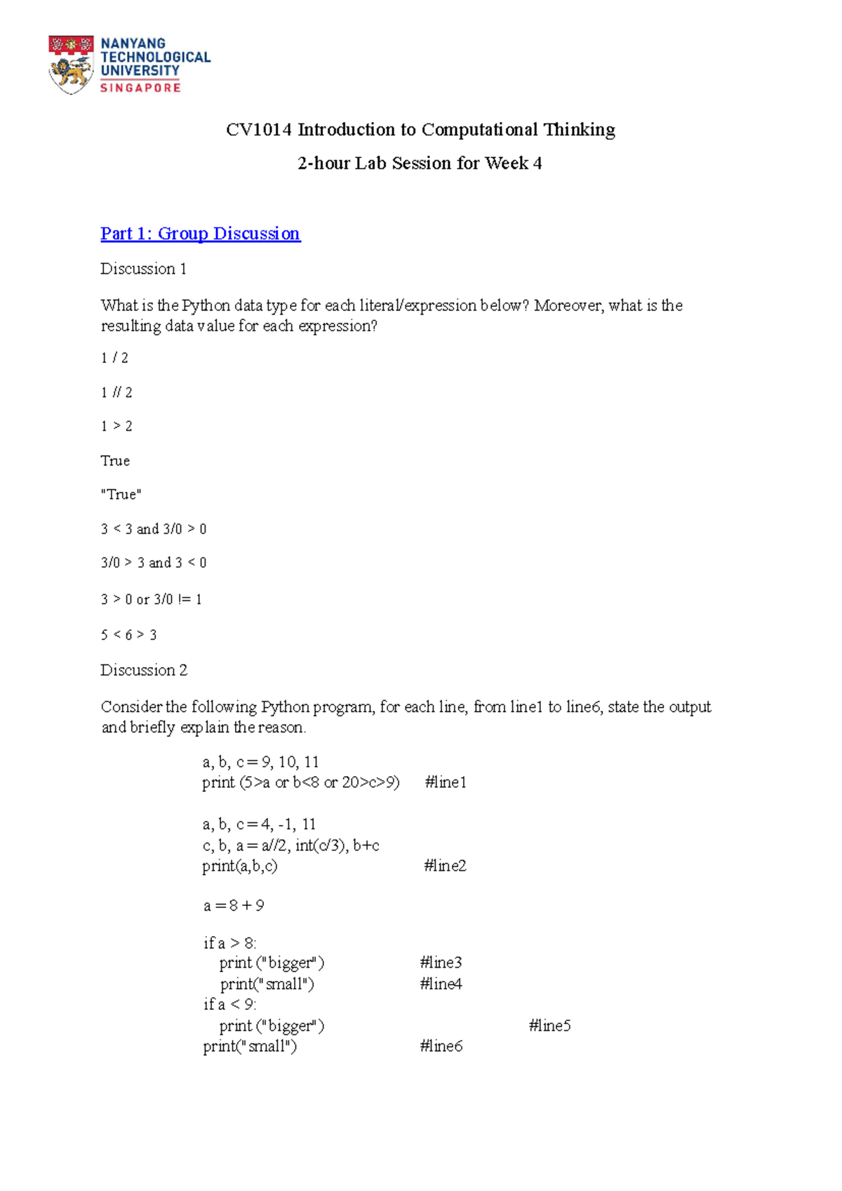 Week 4 Lab Questions - Tutorial question with answer - CV1014 ...