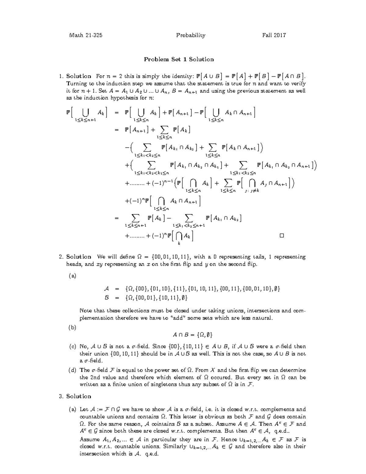 Math 101: Probability Problem Set 1 Solutions - Fall 2017 - Studocu