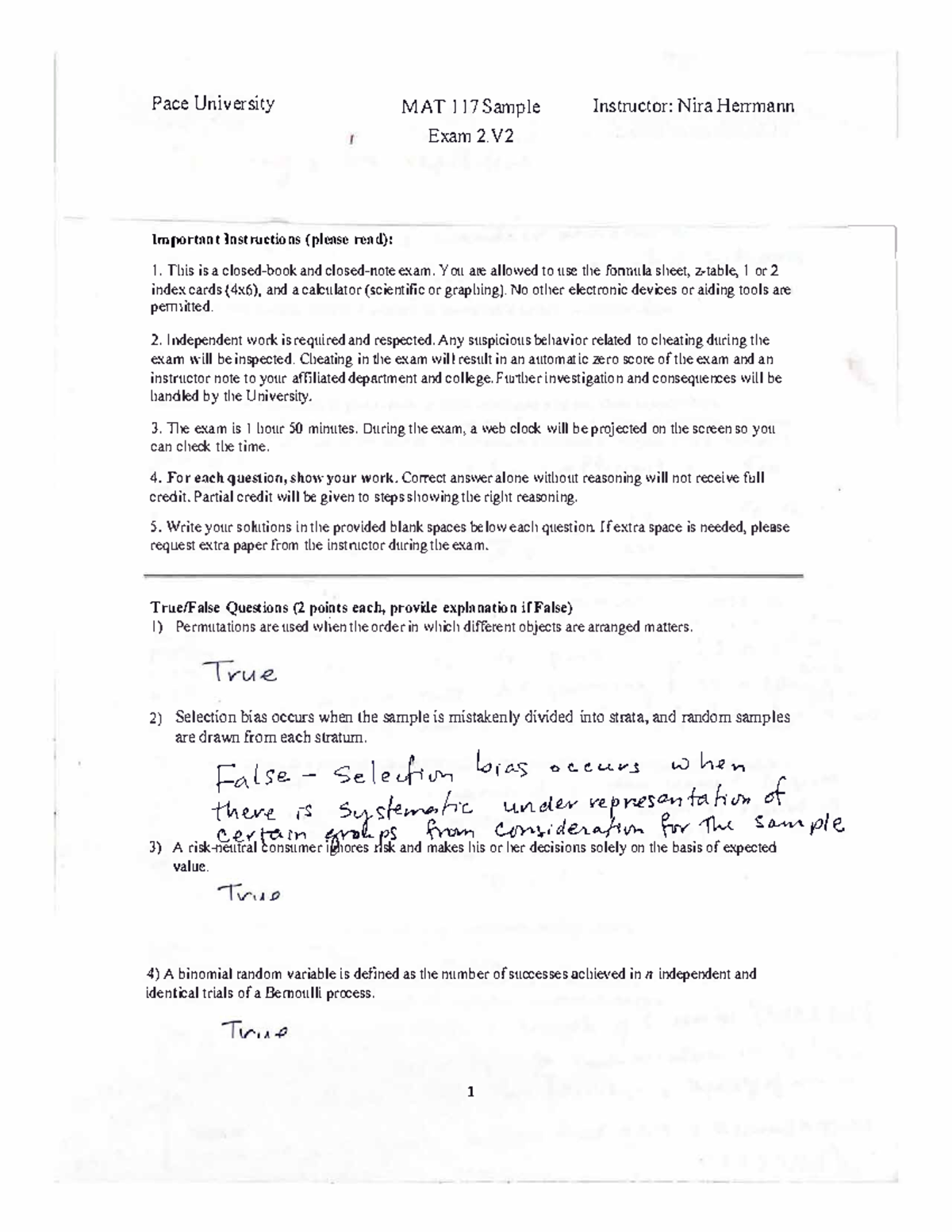 MAT 117 Sample Exam 2: Instructions & Questions for Students - Studocu