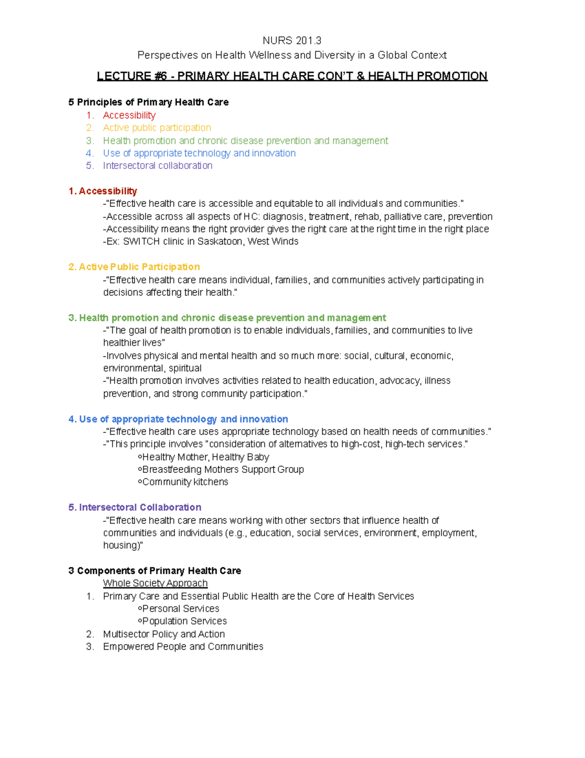 NURS 201.3 - Lecture 6: Principles of Primary Health Care & Health ...