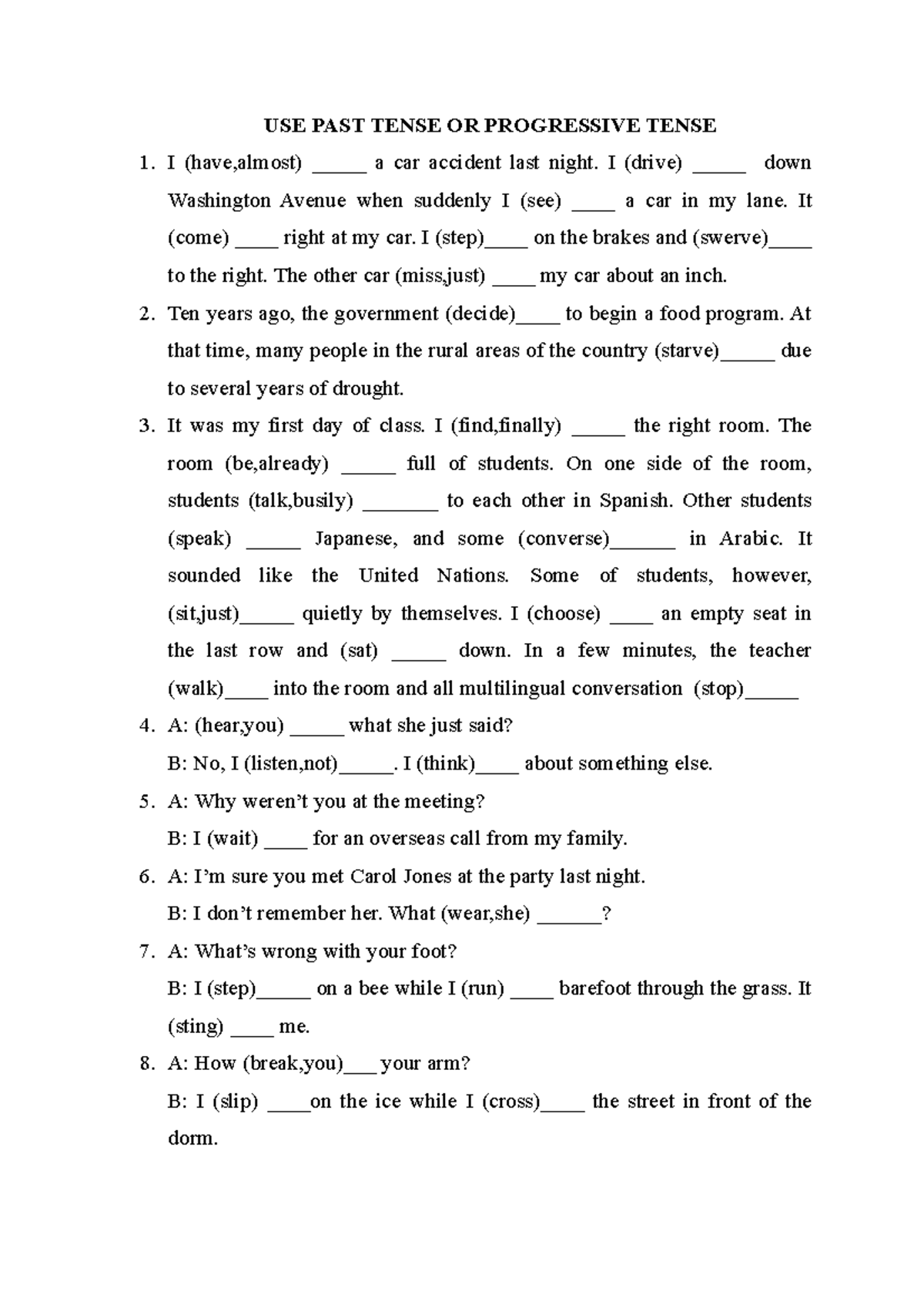 USE OF PAST TENSE & PROGRESSIVE TENSE IN SENTENCES - Studocu