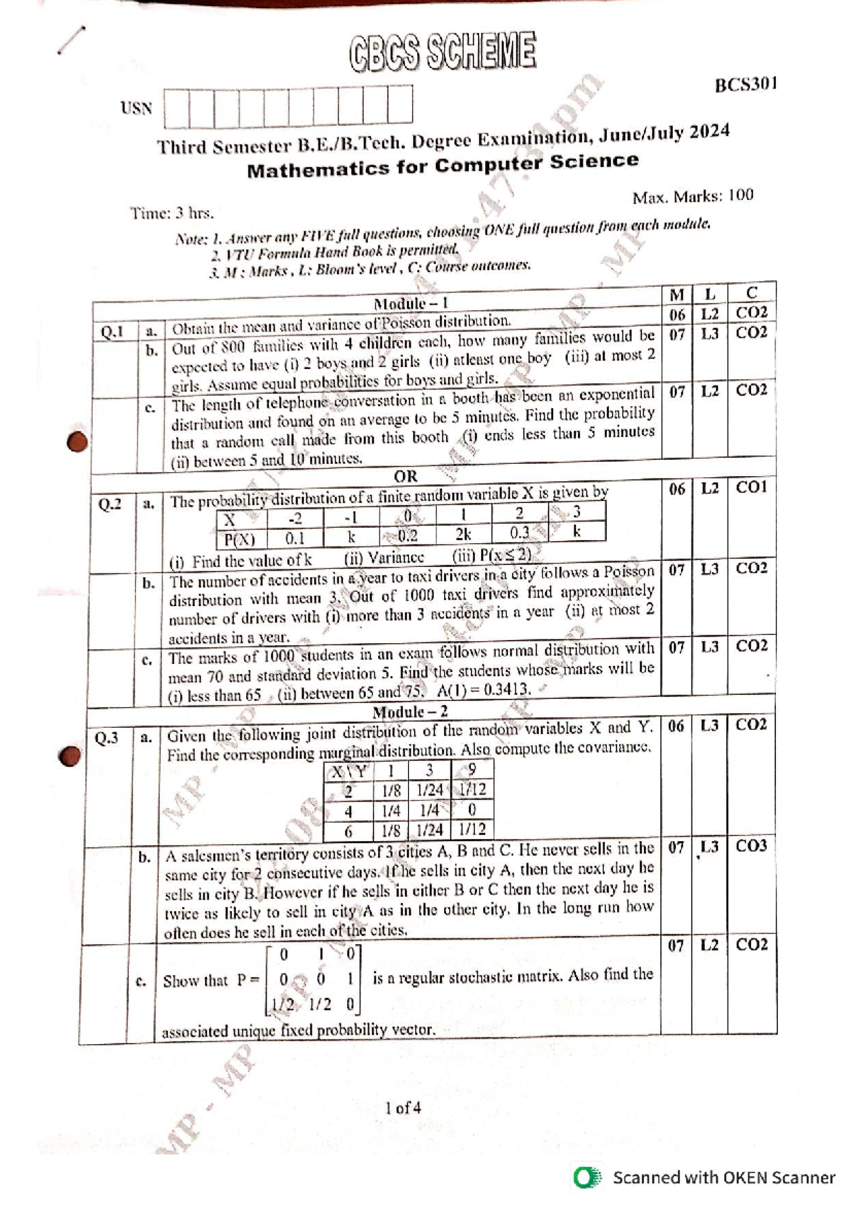 BCS301 July 2024 Makeup Exam: Mathematics for Computer Science - Studocu