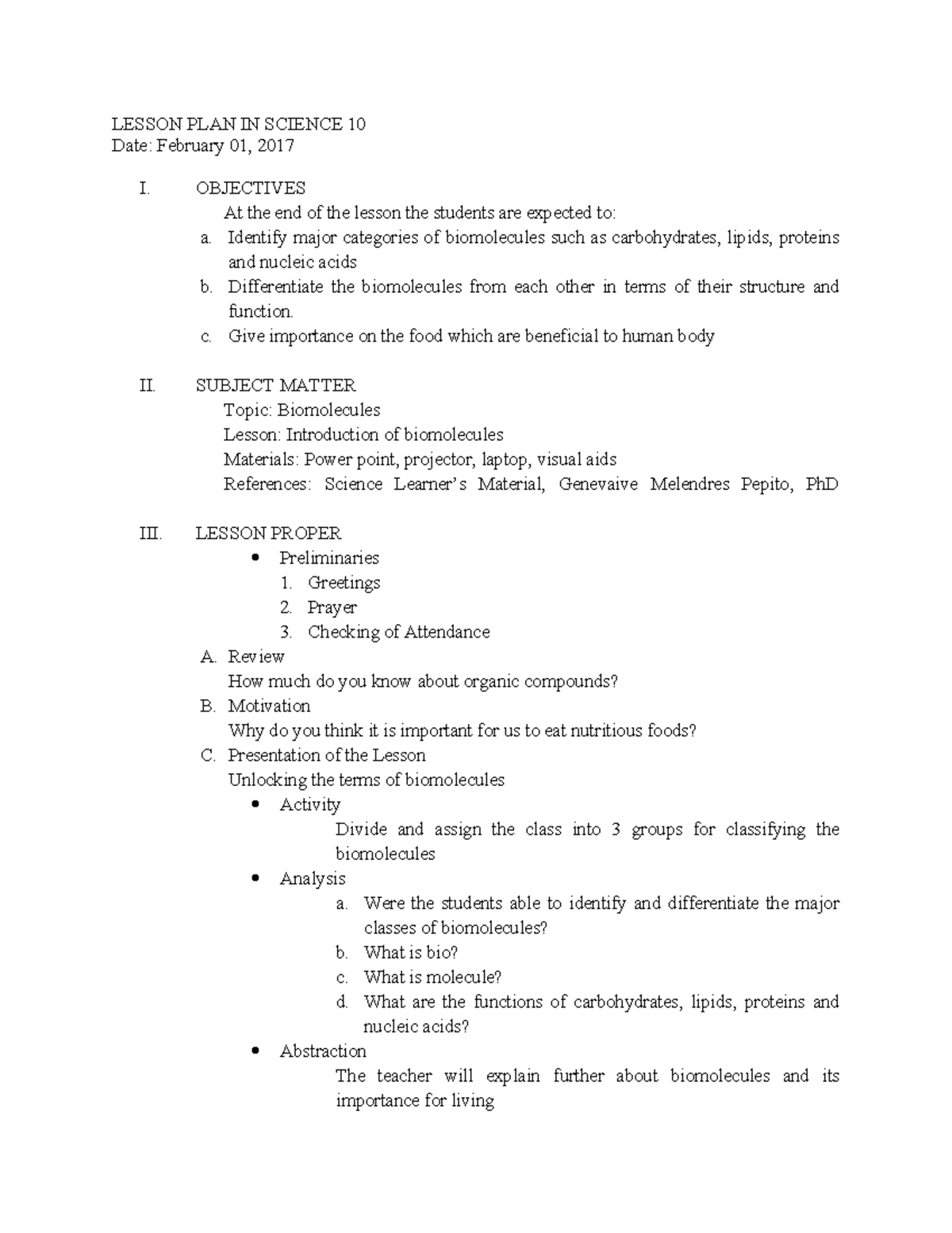 SCI 10 Lesson Plan: Understanding Biomolecules and Their Importance ...