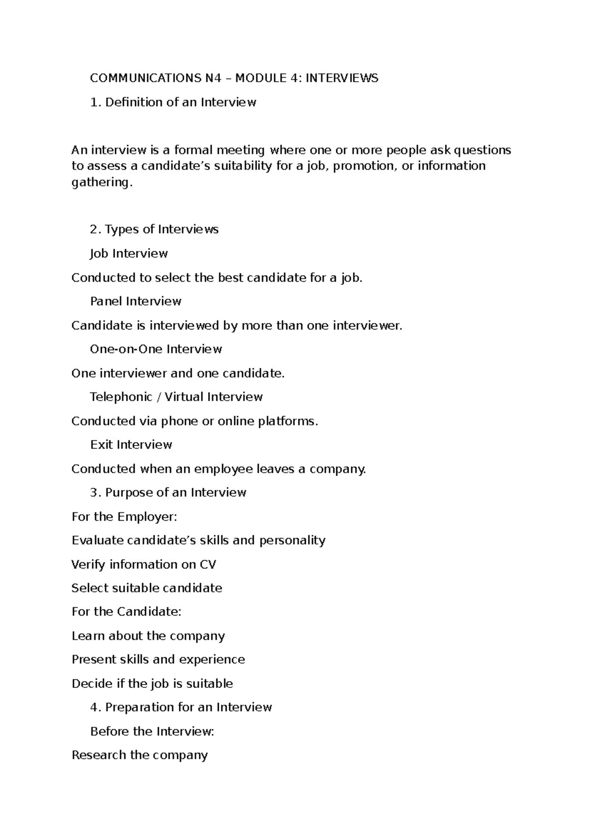 COMMUNICATIONS N4 MODULE 4: INTERVIEWING CORE NOTES - Studocu