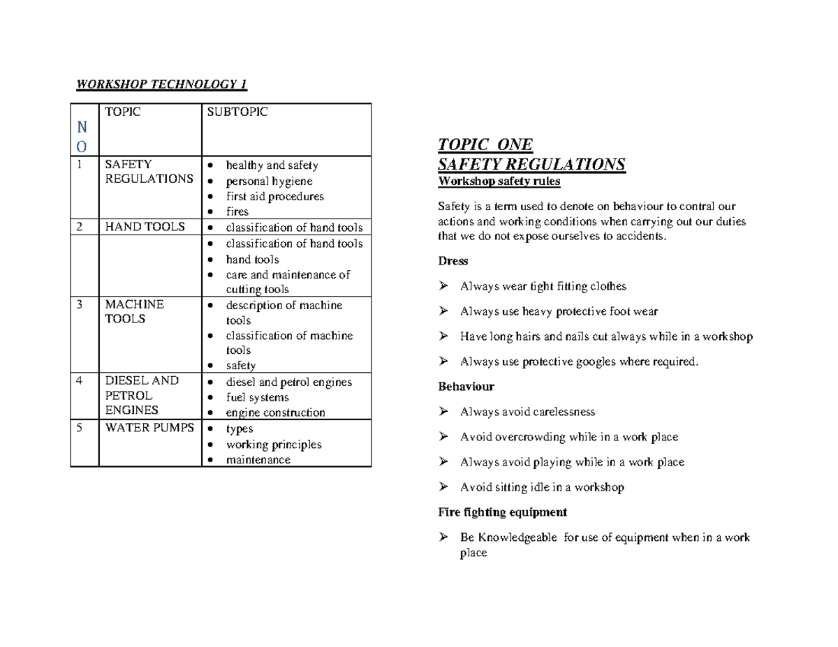 Workshop Technology 1: Safety Regulations and Tool Handling Notes - Studocu