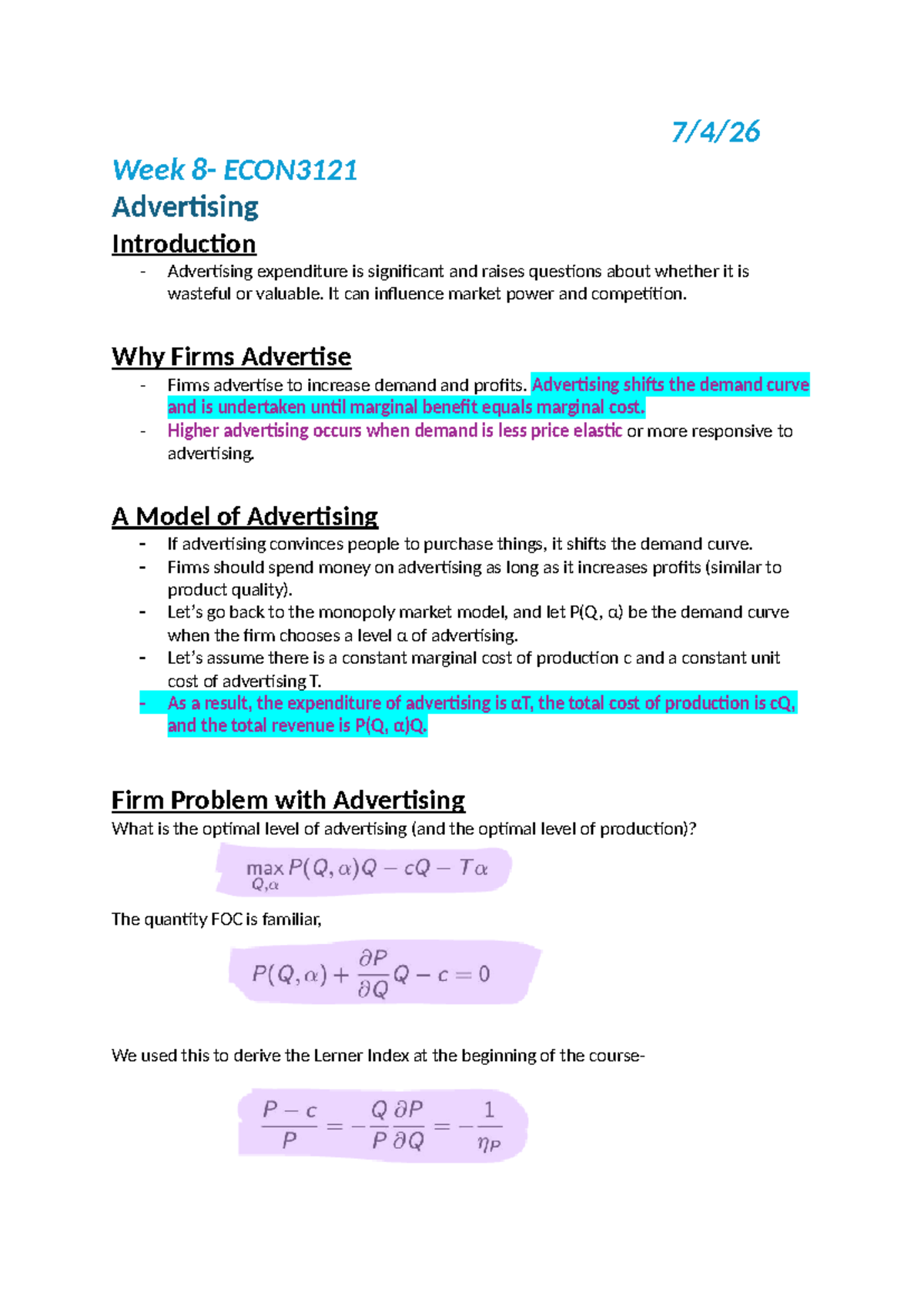 Week 8 - ECON3121 Lecture Notes on Advertising Dynamics - Studocu