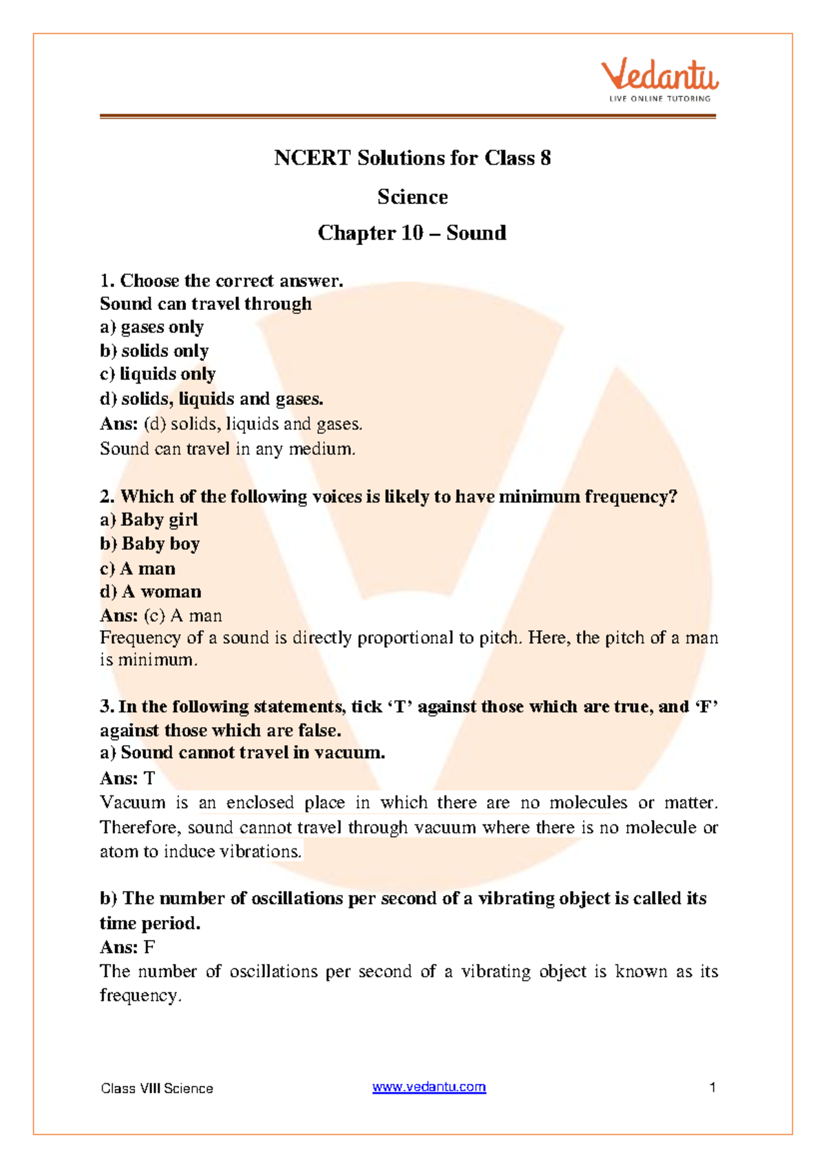 NCERT Solutions for Class 8 Science: Chapter 10 - Sound - Studocu