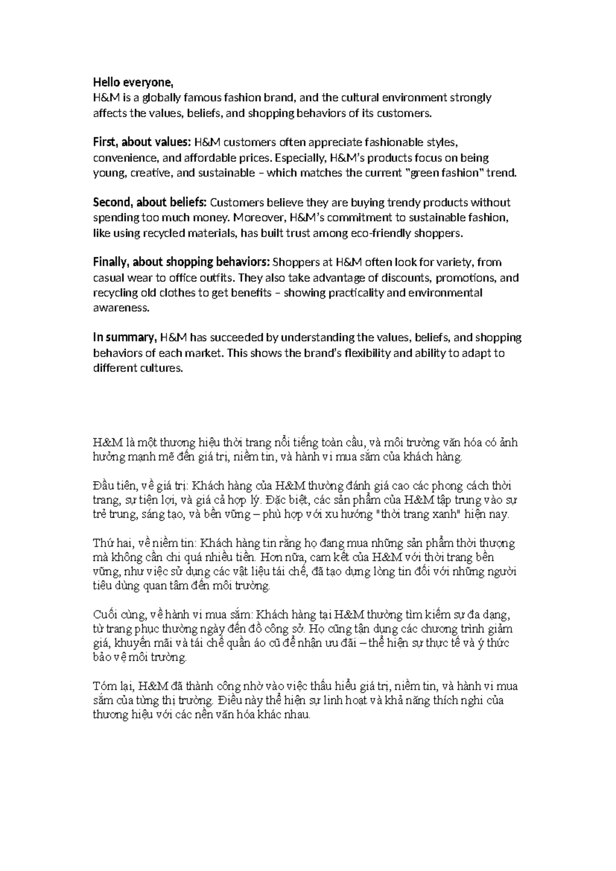 MKT-Cutural environment H&M - Hello everyone, H&M is a globally famous ...