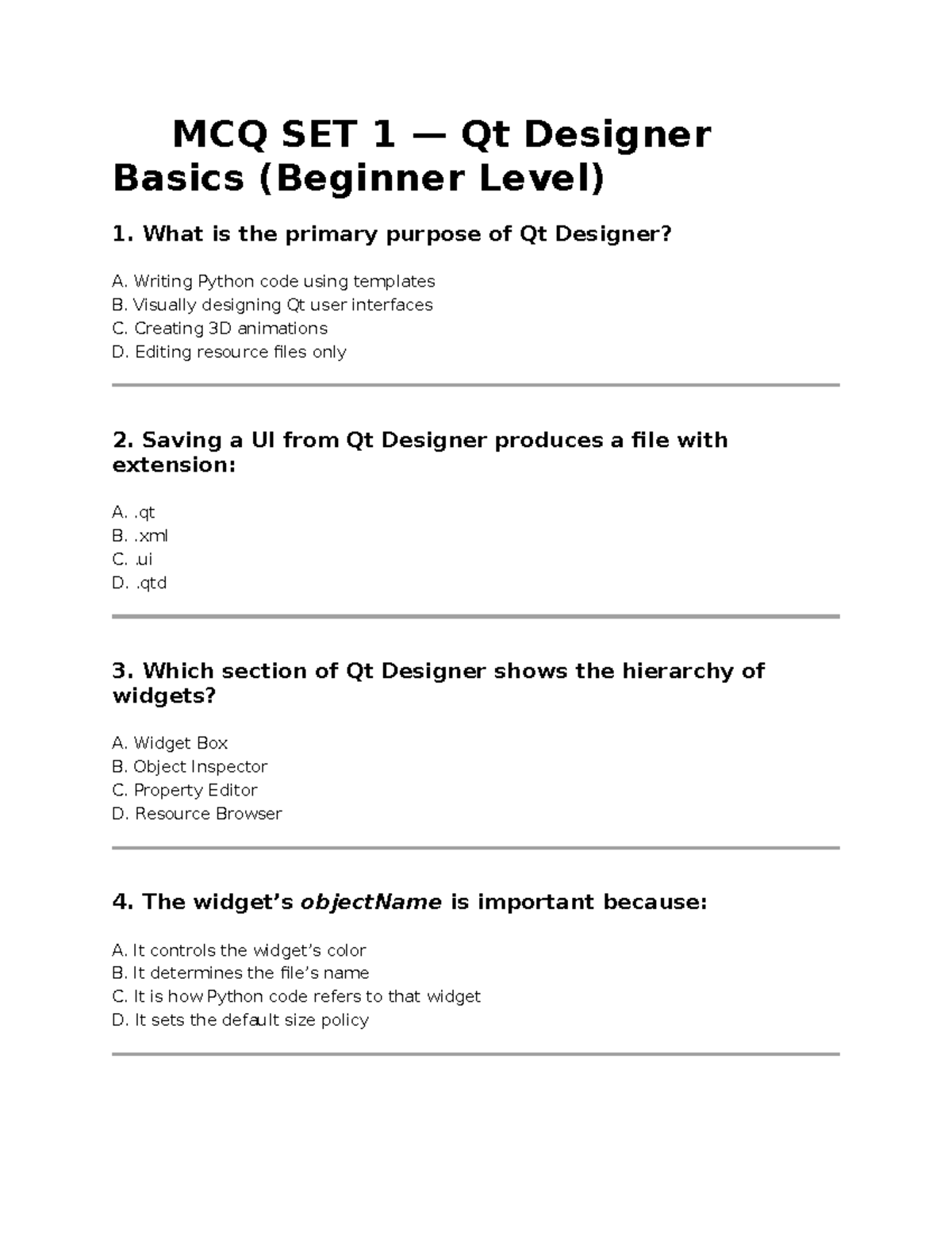 INF 2611 MCQ Set 1: Qt Designer Basics for Beginners - Studocu