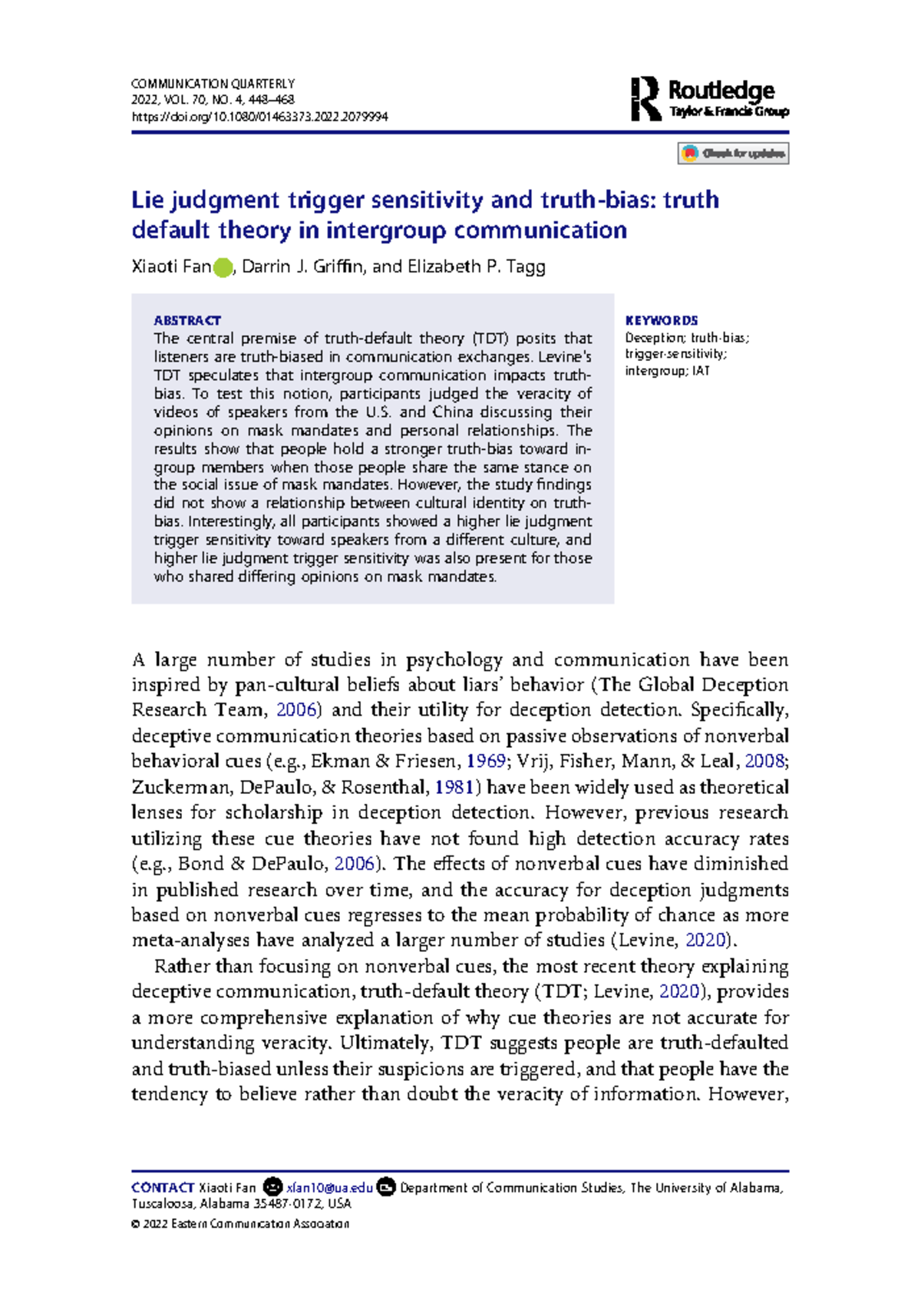 COMM 2022: Lie Judgment Trigger Sensitivity & Truth-Bias in Intergroup ...