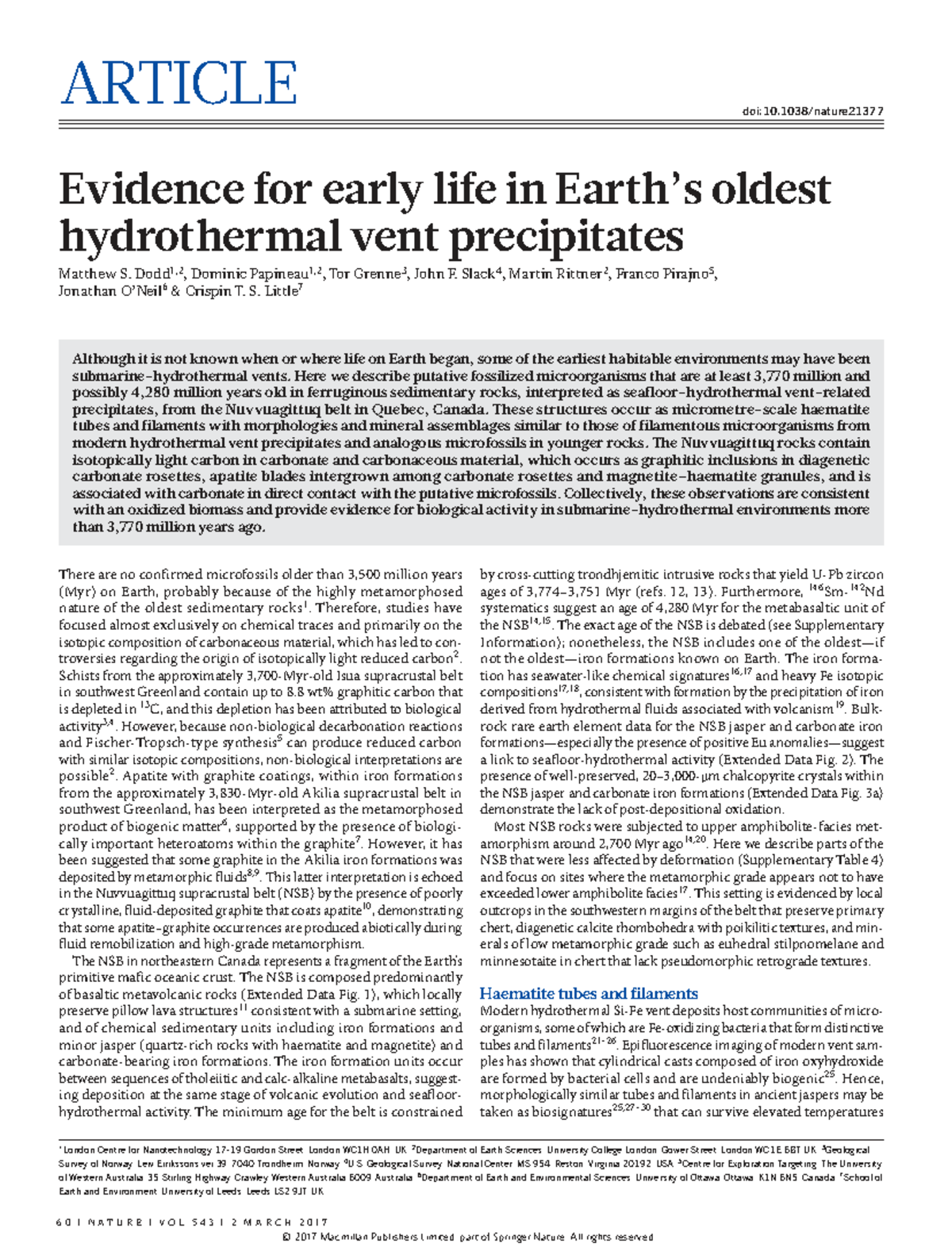 Module 1 Reading: Evidence for Early Life in Earth's Oldest ...