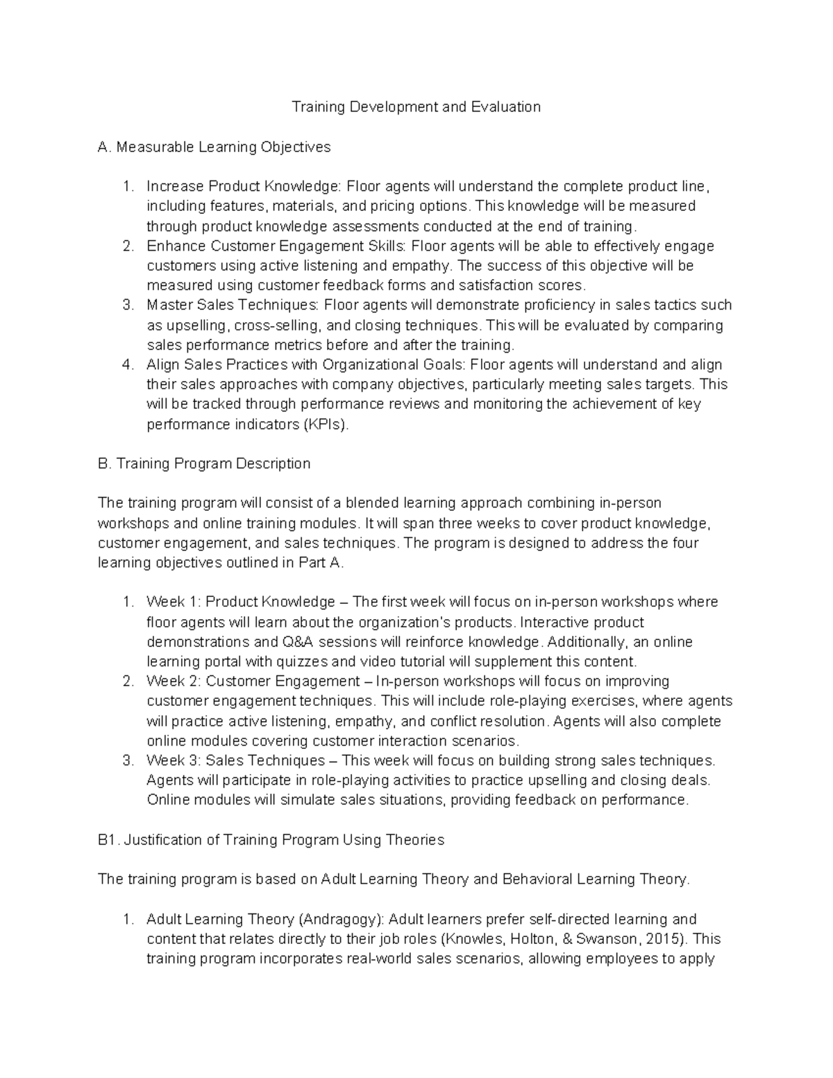 Task 2 - Task 2 - Training Development and Evaluation A. Measurable ...