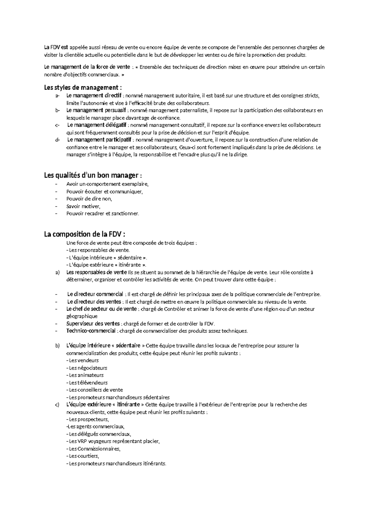 Résumé sur le Management de la Force de Vente (FDV) - Techniques et ...