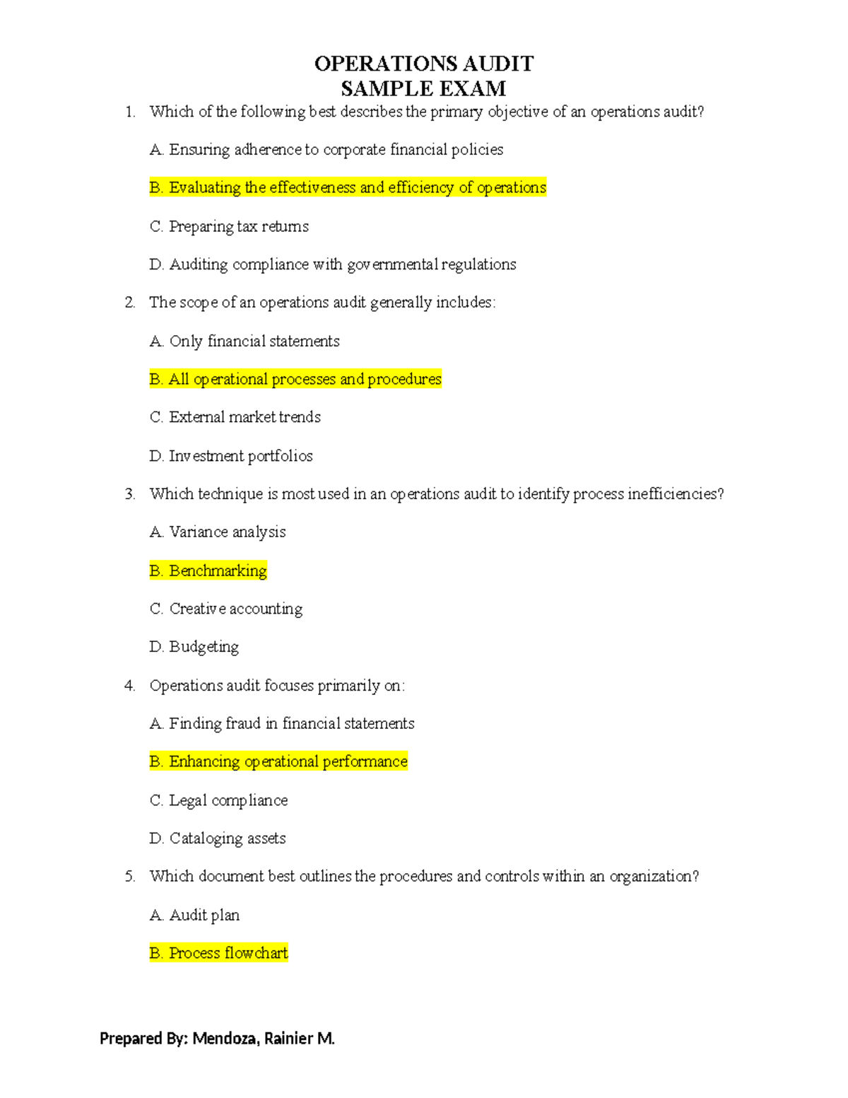 Operations Audit Sample Exam Questions and Answers - Studocu
