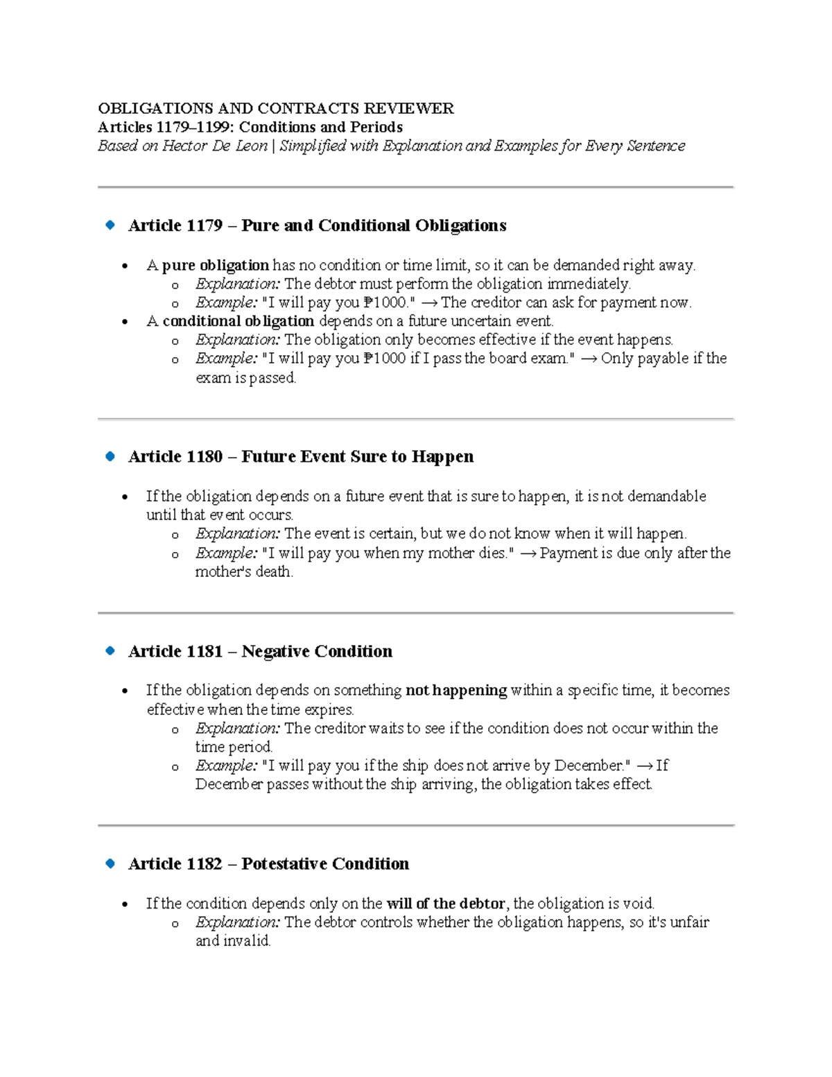 OBLIGATIONS AND CONTRACTS REVIEWER (LAW 101) - Key Articles Explained ...