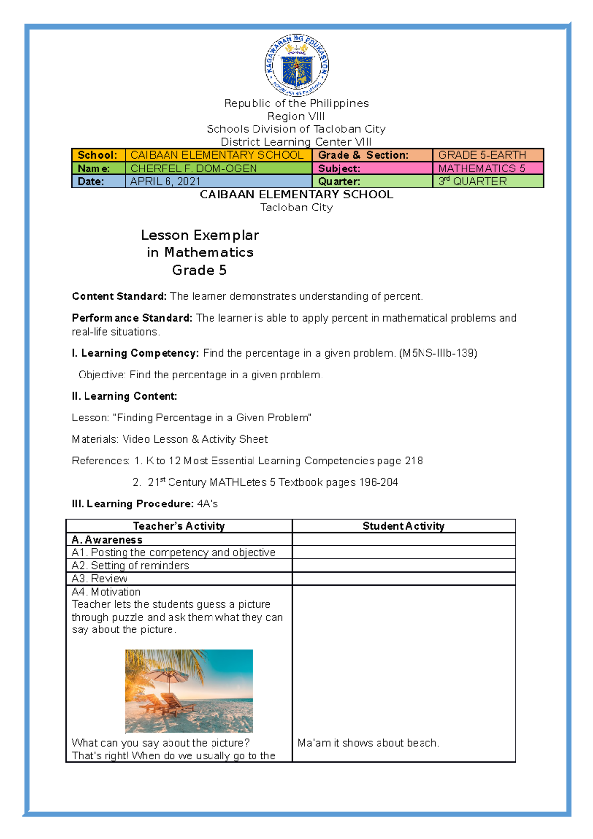 Lesson Exemplar: Finding Percentages in Math 5 (M5NS-IIIb-139) - Studocu