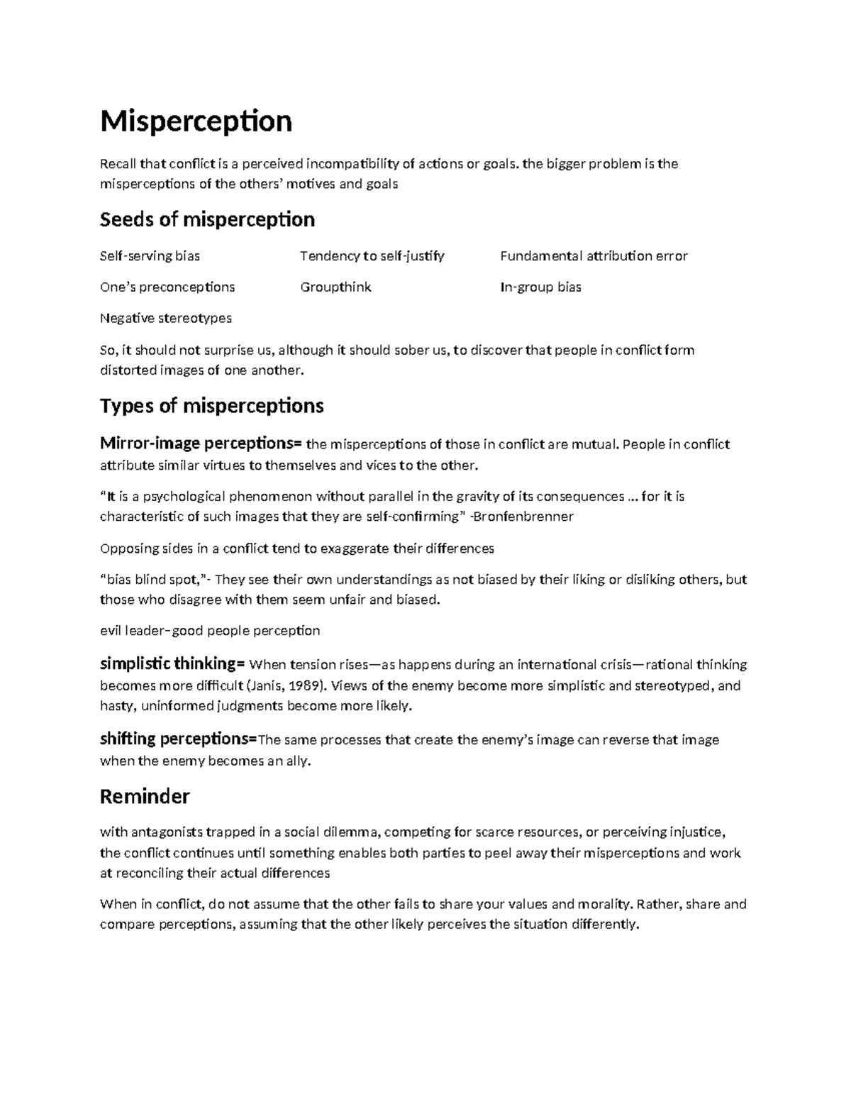 Misperception - Misperception Recall that conflict is a perceived ...