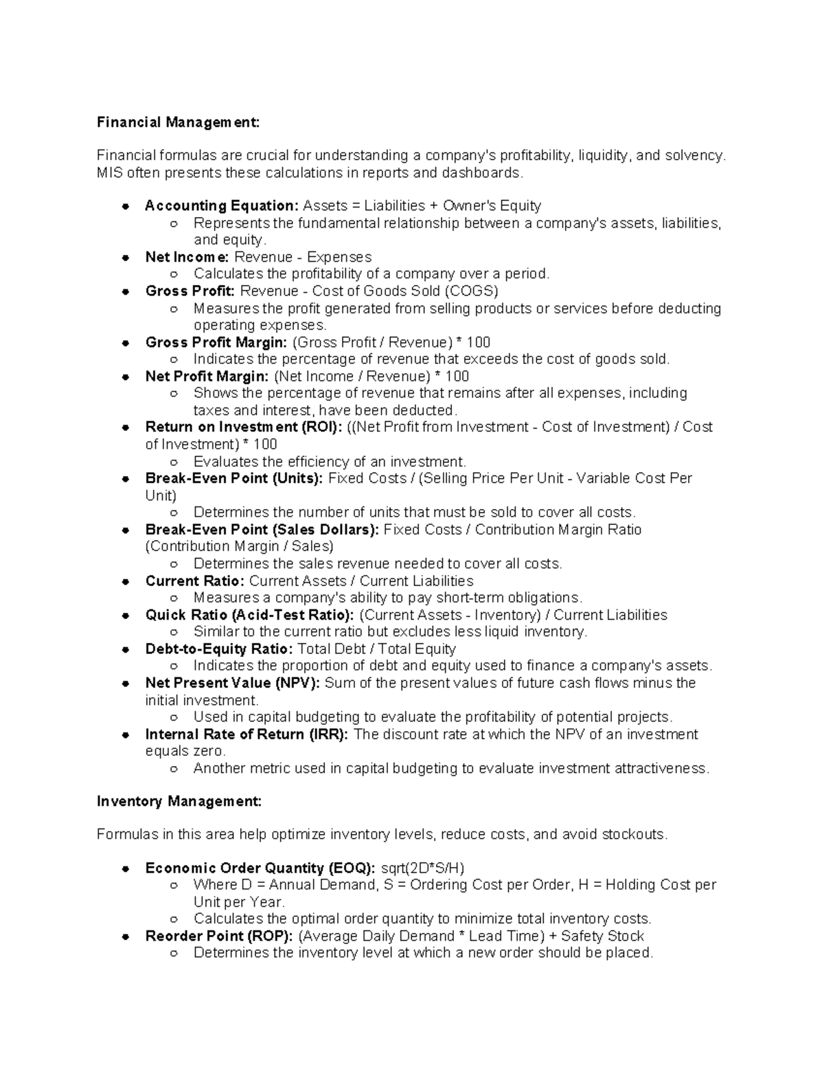 Financial Management: Key Formulas for Profitability & Efficiency (FIN ...