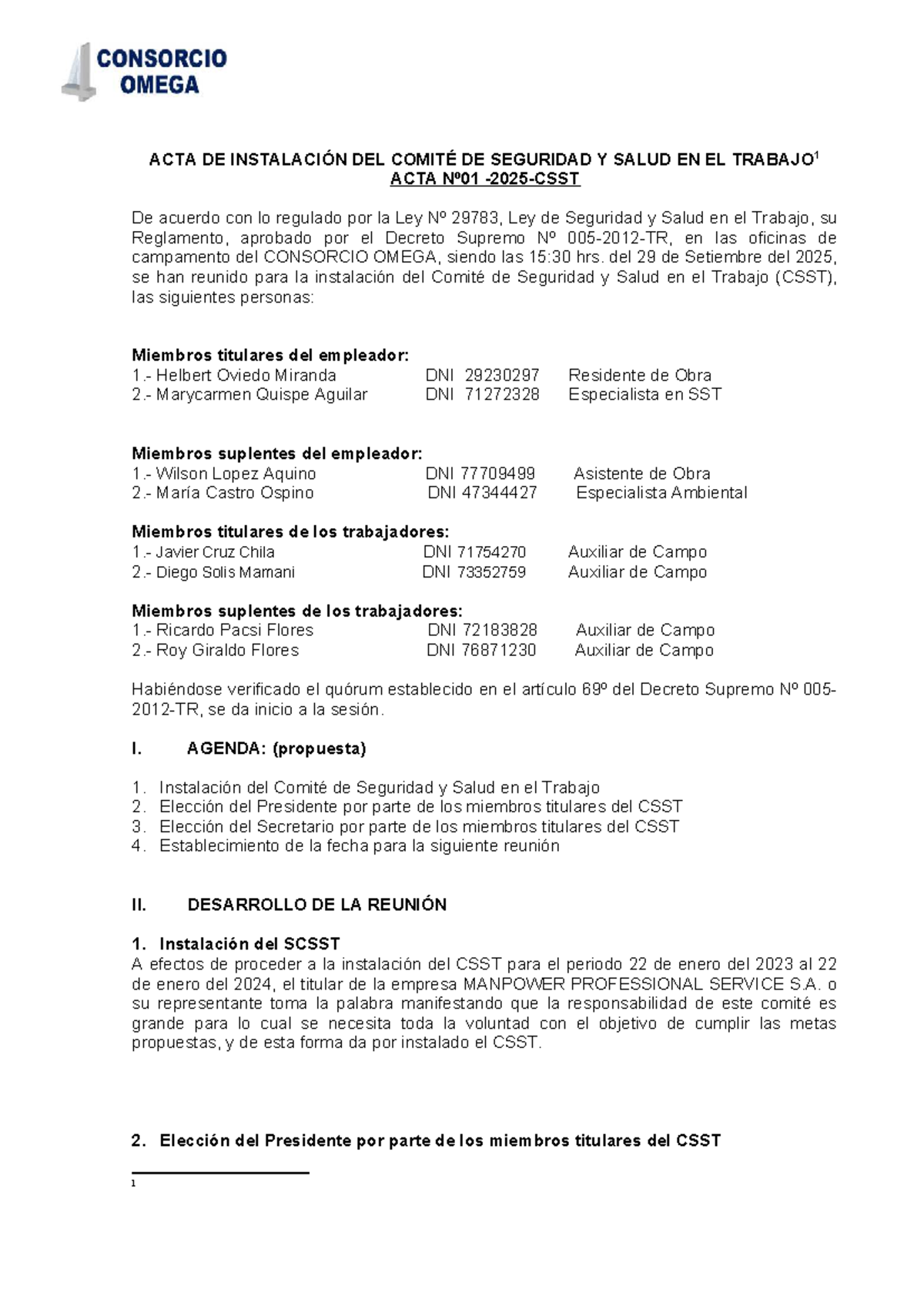 ACTA Nº01: Instalación del Comité de Seguridad y Salud en el Trabajo ...