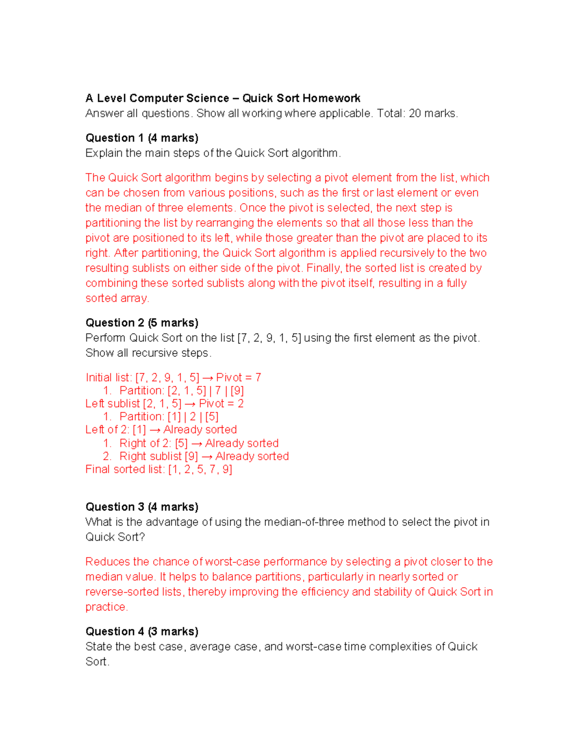 A Level Computer Science Quick Sort Homework Answers (20 Marks) - Studocu