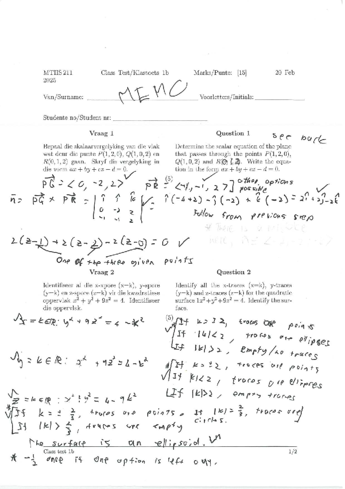 MTHS 211 Class Test 1b Memo - Practice Material - Studocu