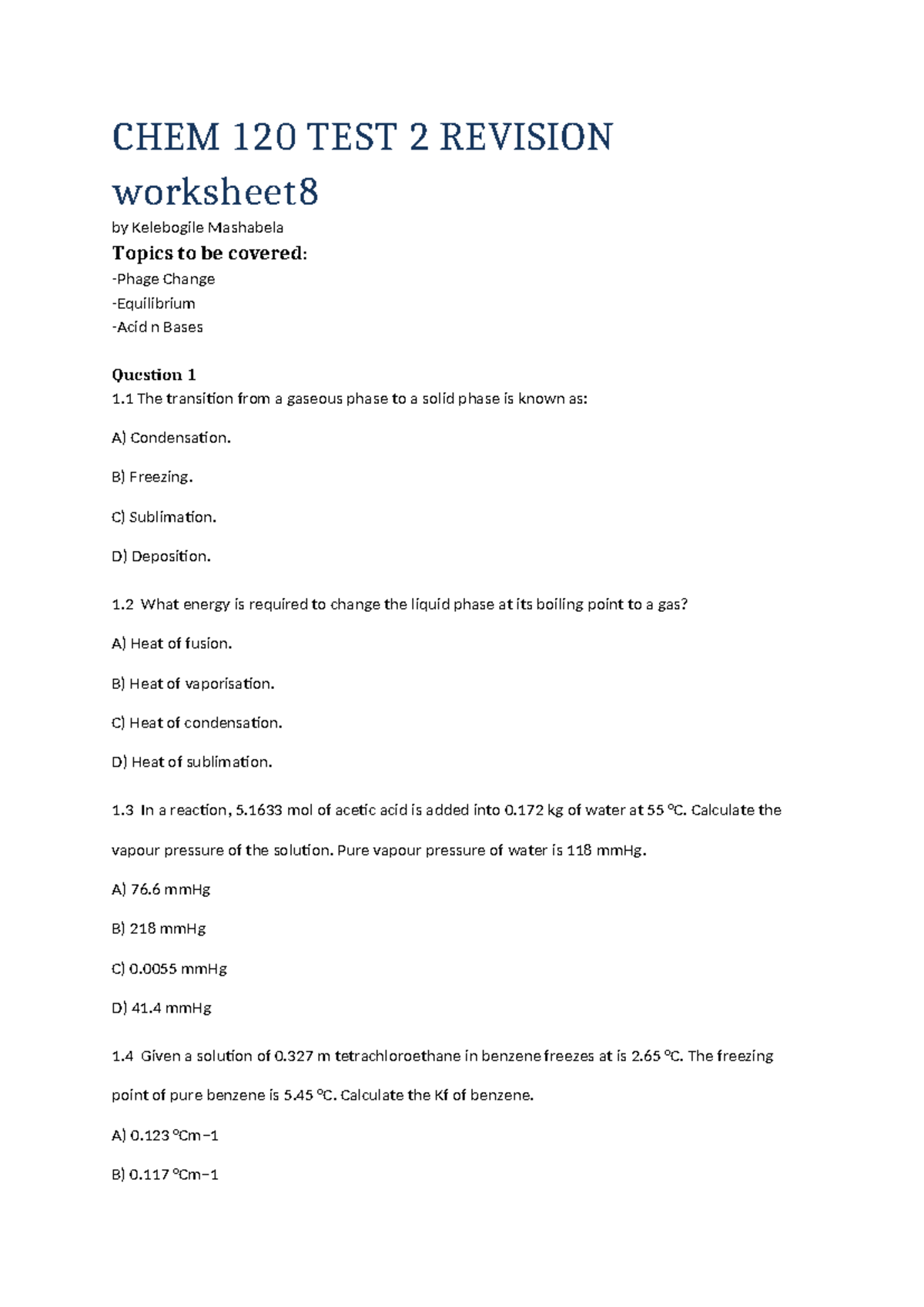 CHEM 120 TEST 2 Revision Worksheet 8 - Key Topics and Questions - Studocu