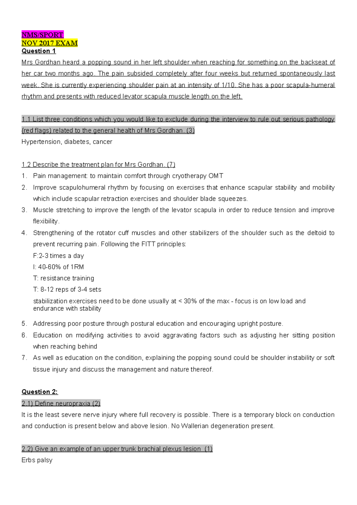 Physio PAST TEST:EXAM Compilation - NMS/SPORT NOV 2017 EXAM Question 1 ...