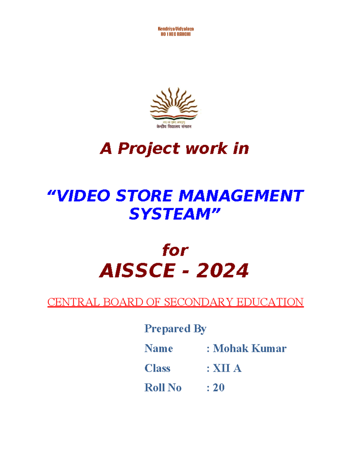 Font page design - Computer Science SL - A Project work in “VIDEO STORE ...