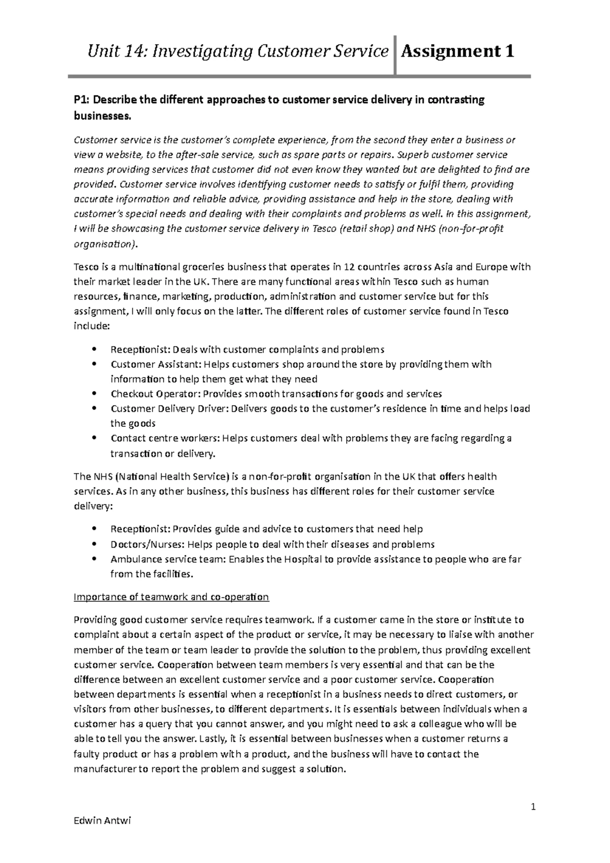 Unit 14 Assignment 1- Exploring customer service copy - Unit 14 ...