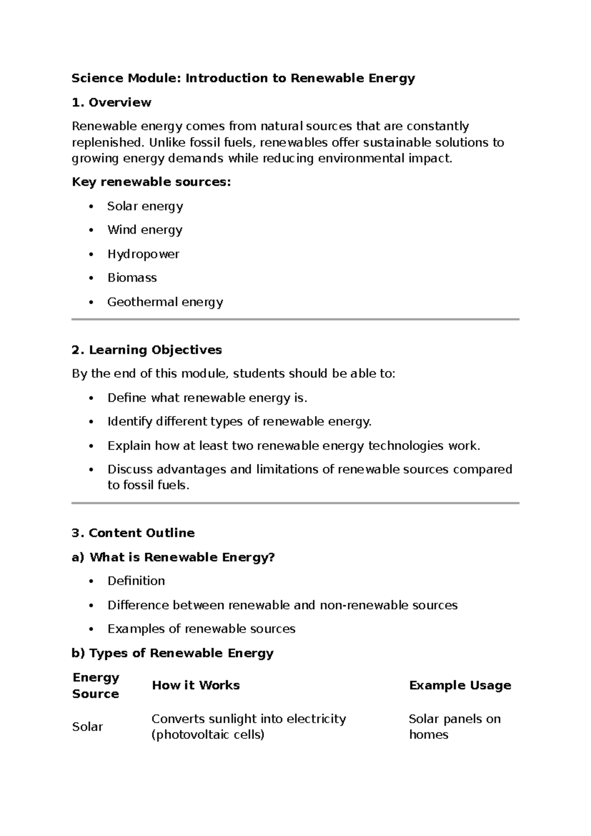 Renewable Energy in Life Around Us - Science Module: Introduction to ...