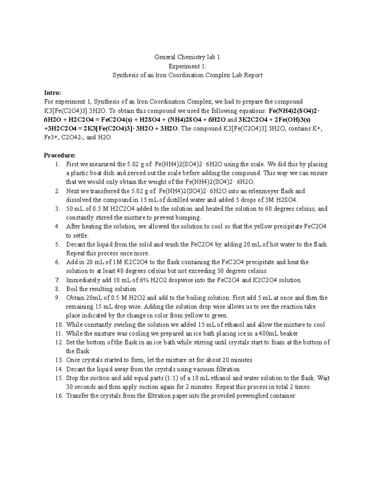 Chemistry 101: Lab Report on Synthesis of Iron Coordination Complex ...