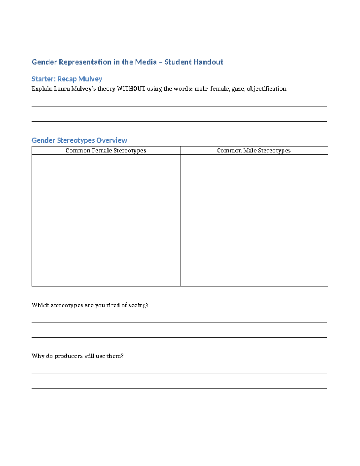 Lesson 3 - Handout 2: Gender Representation in Media Analysis - Studocu