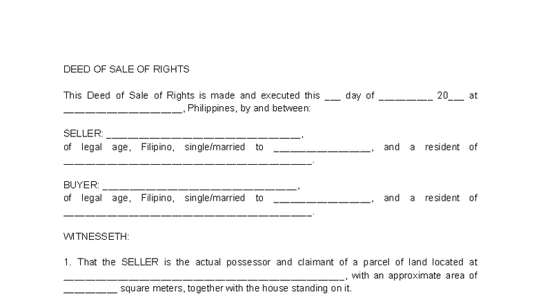 Deed of Sale of Rights for Untitled Property in the Philippines - Studocu