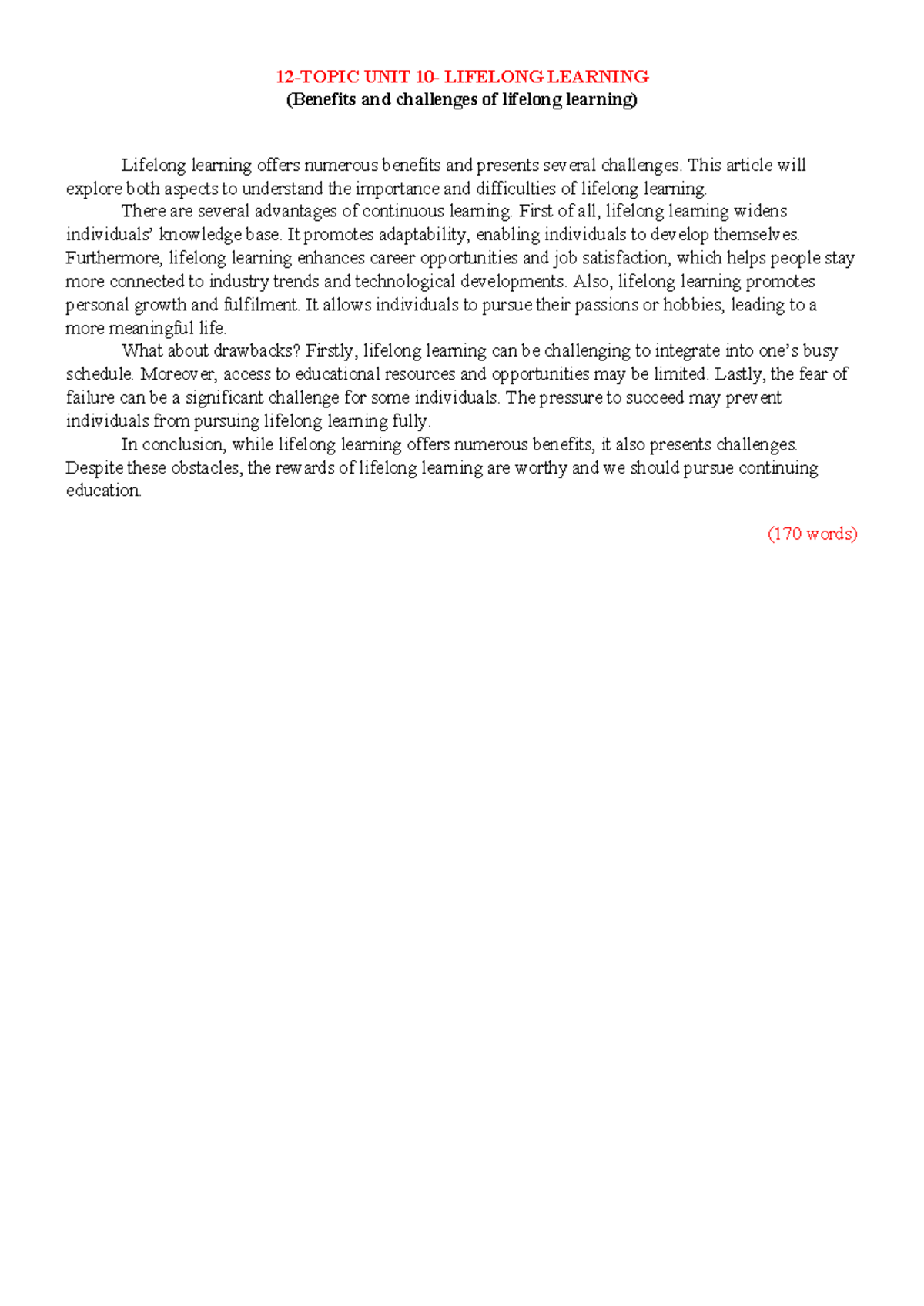 UNIT 10: Benefits and Challenges of Lifelong Learning - Studocu