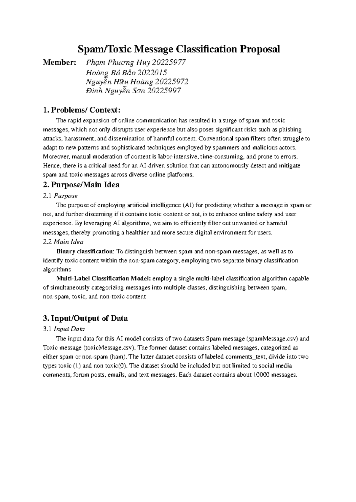 Proposal for AI-Based Spam & Toxic Message Classification (CS101) - Studocu