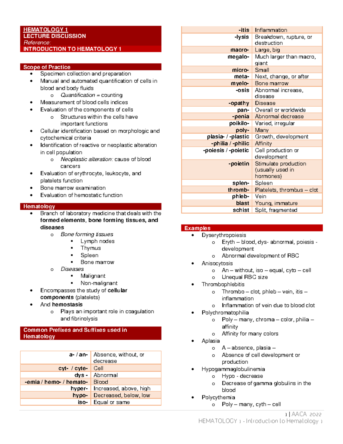 HEMA1 LEC 1 Comprehensive Overview of Hematology Concepts - Studocu