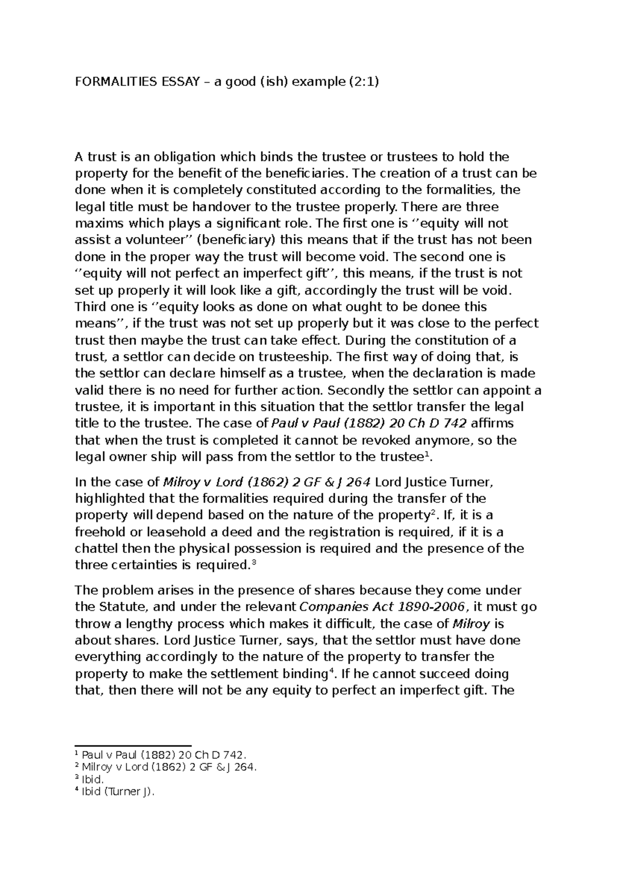 FORMALITIES & TRACING IN TRUSTS: PAST ANSWER EXAMPLES (LAW 101) - Studocu