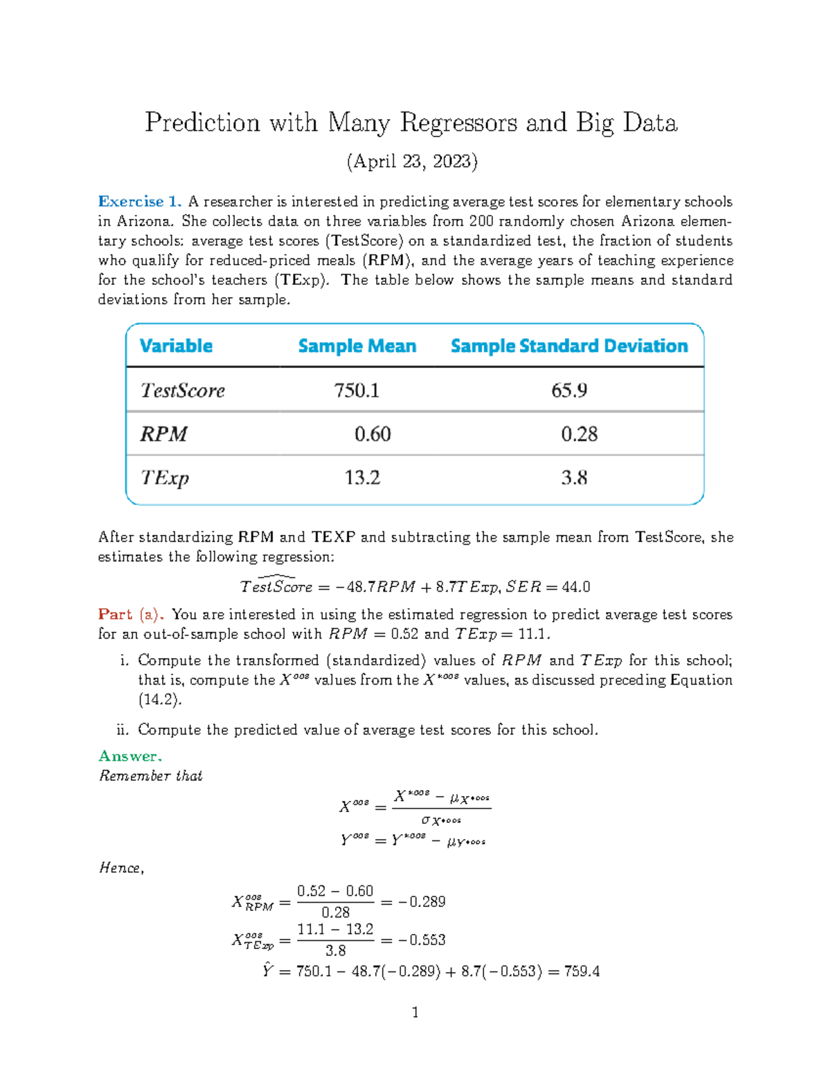 Prediction Models and Regression Analysis [Solved] Recitation XI - Studocu