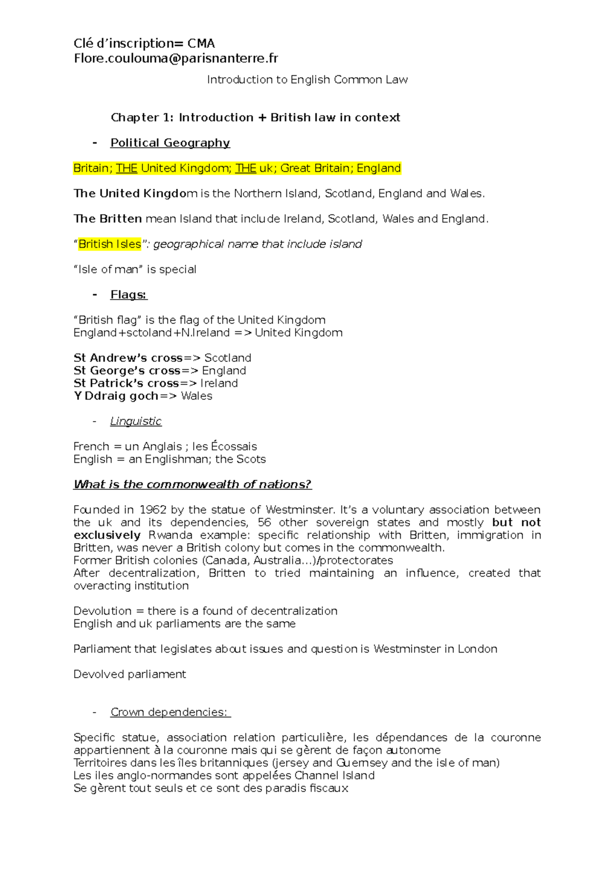 Clé CMA Chapter 1: Introduction to English Common Law and British ...