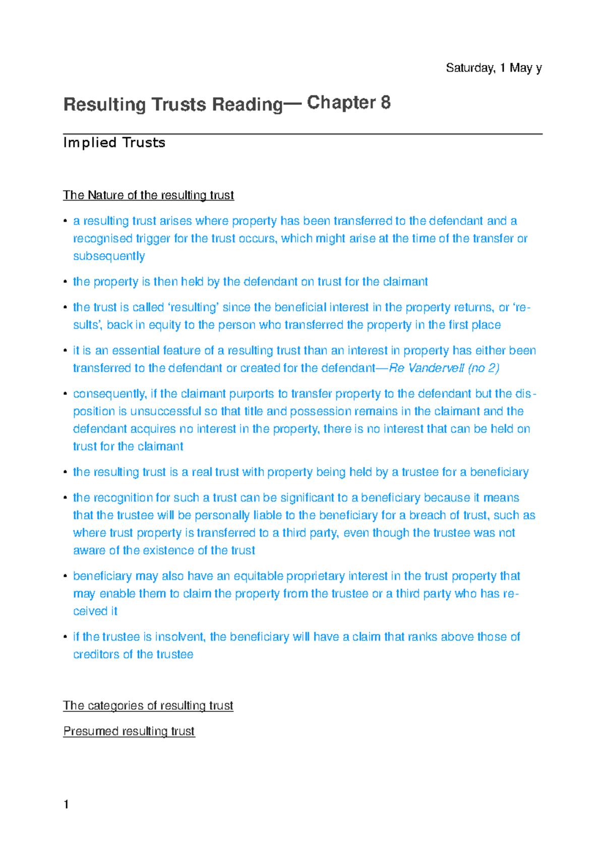 Resulting Trusts Lecture Notes - Detailed Overview (Chapter 8) - Studocu