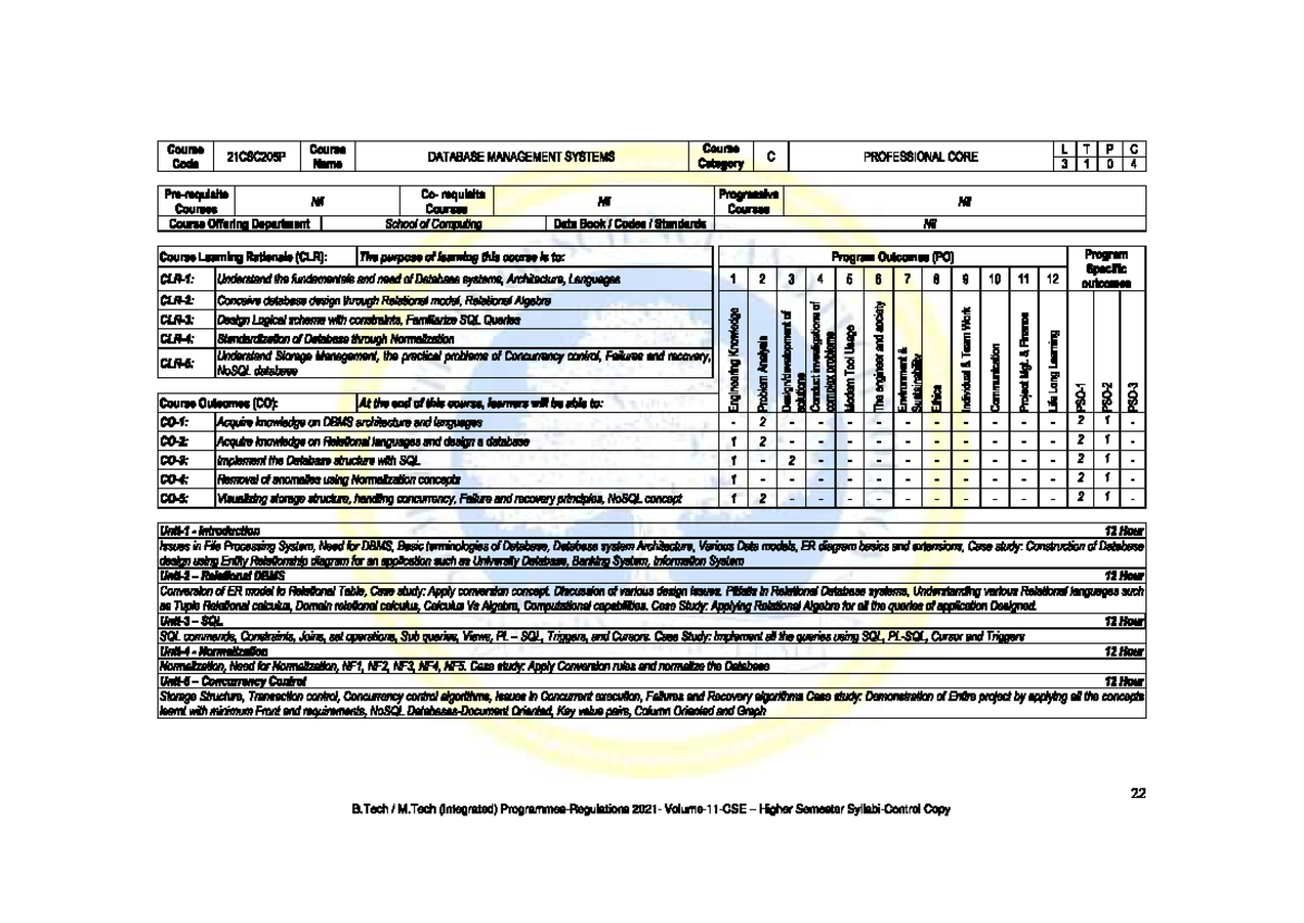 21CSC205P - Database Management Systems Course Outline - Studocu