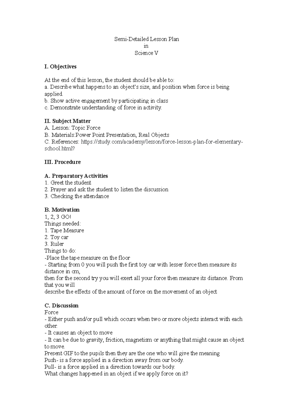 Semi-Detailed Lesson Plan on Force for Science V Class - Studocu