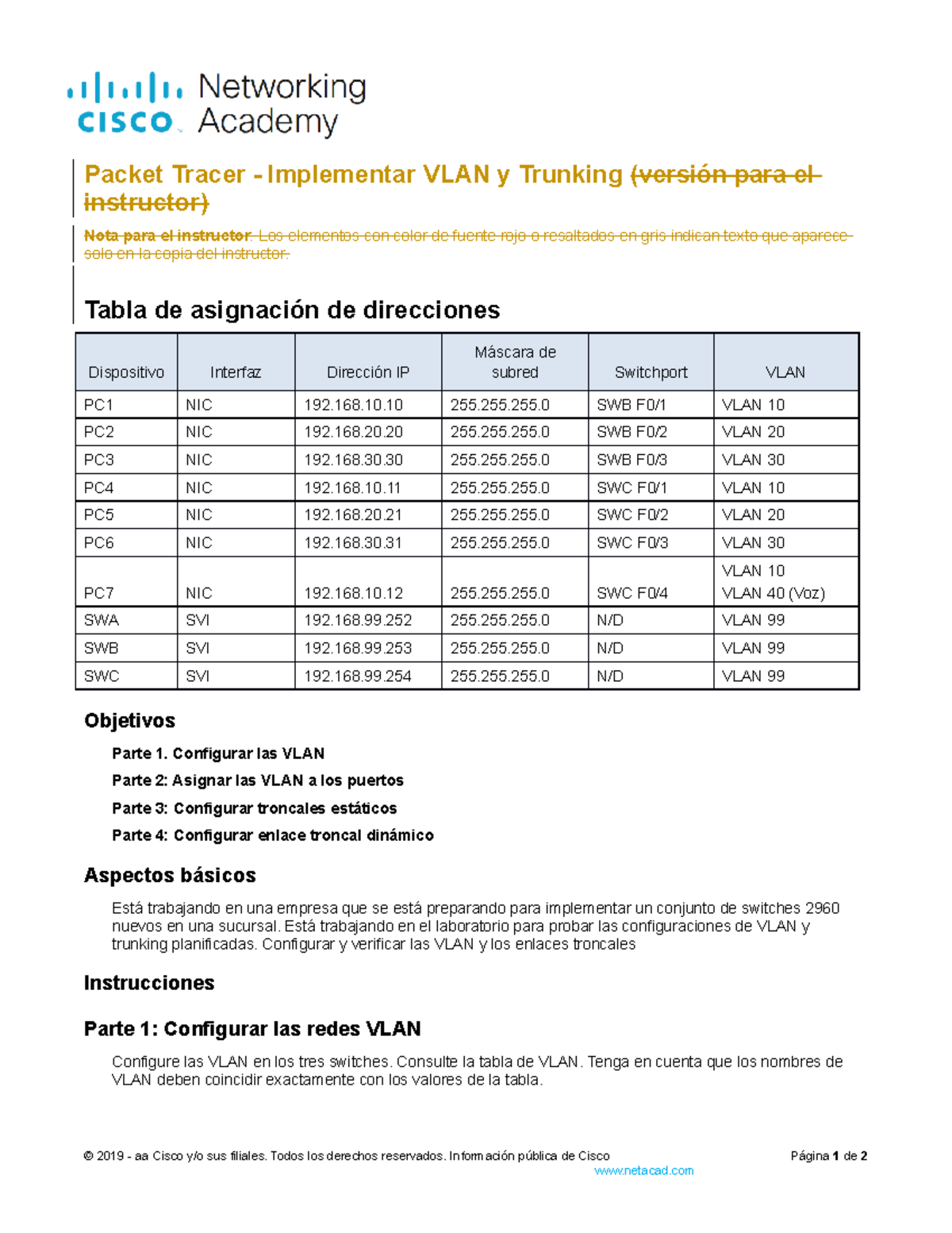 3.6.1 Packet Tracer - Implementación de VLAN y Trunking - Studocu