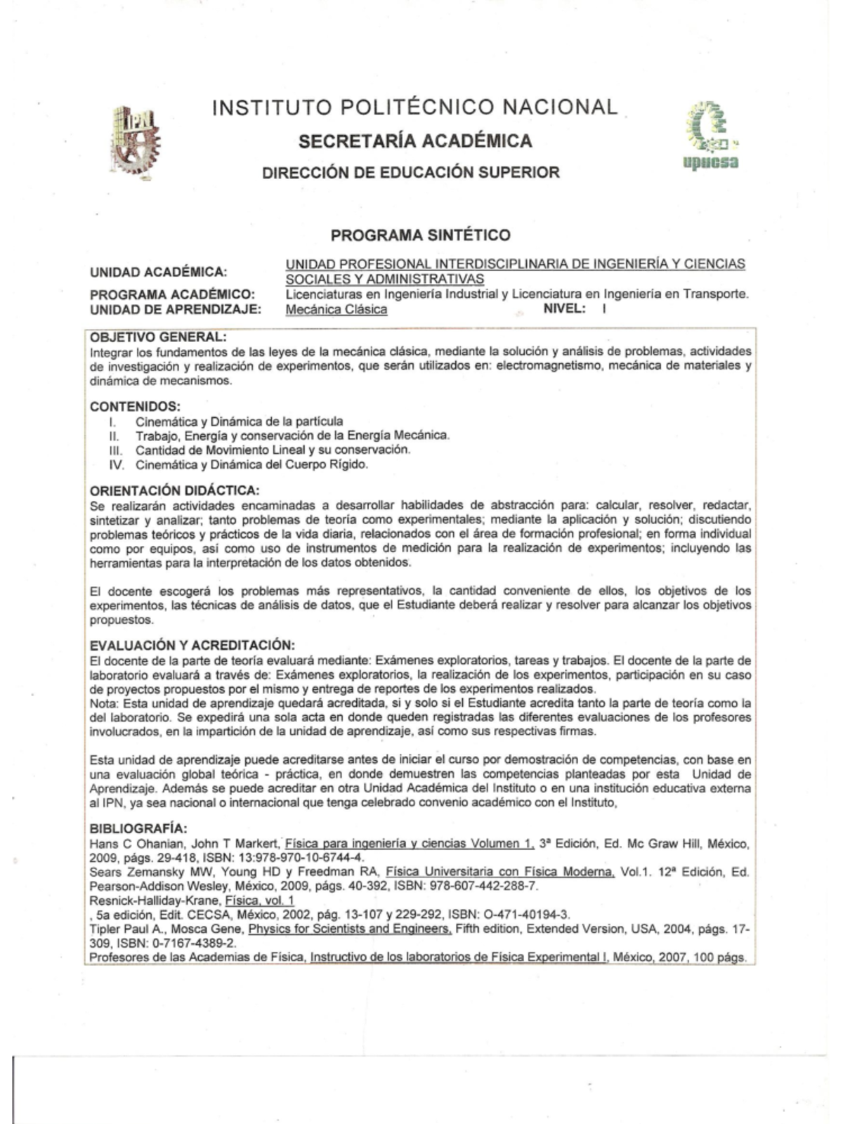 Programa Sintético - Mecánica Clásica I - UPIICSA - Document Preview