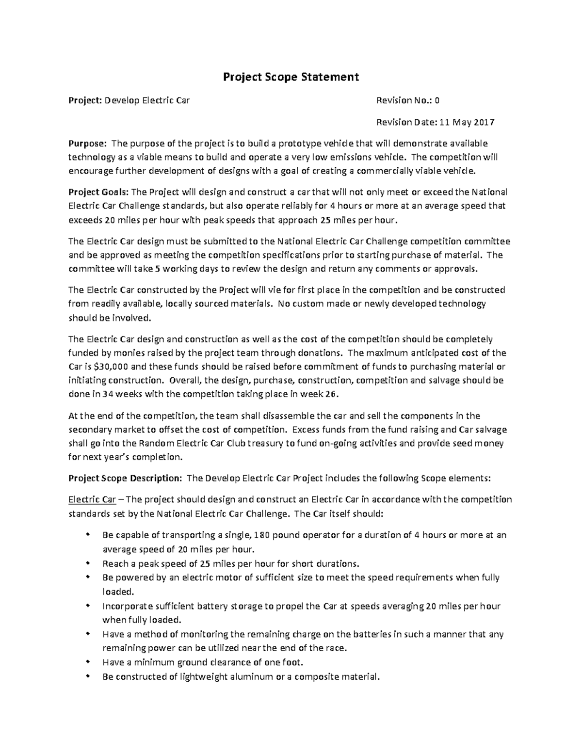 Electric Car Project Scope Statement: National Electric Car Challenge ...