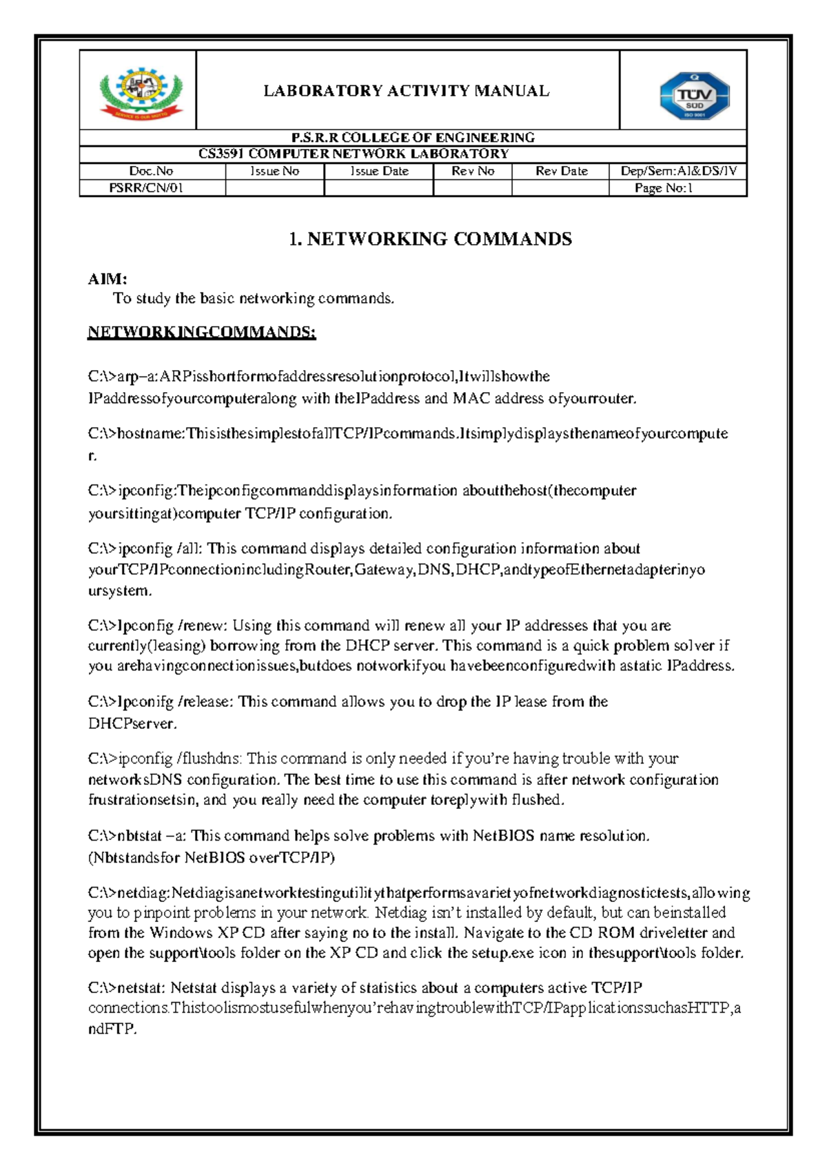 Cn lab manual 1 - P.S.R COLLEGE OF ENGINEERING CS3591 COMPUTER NETWORK ...