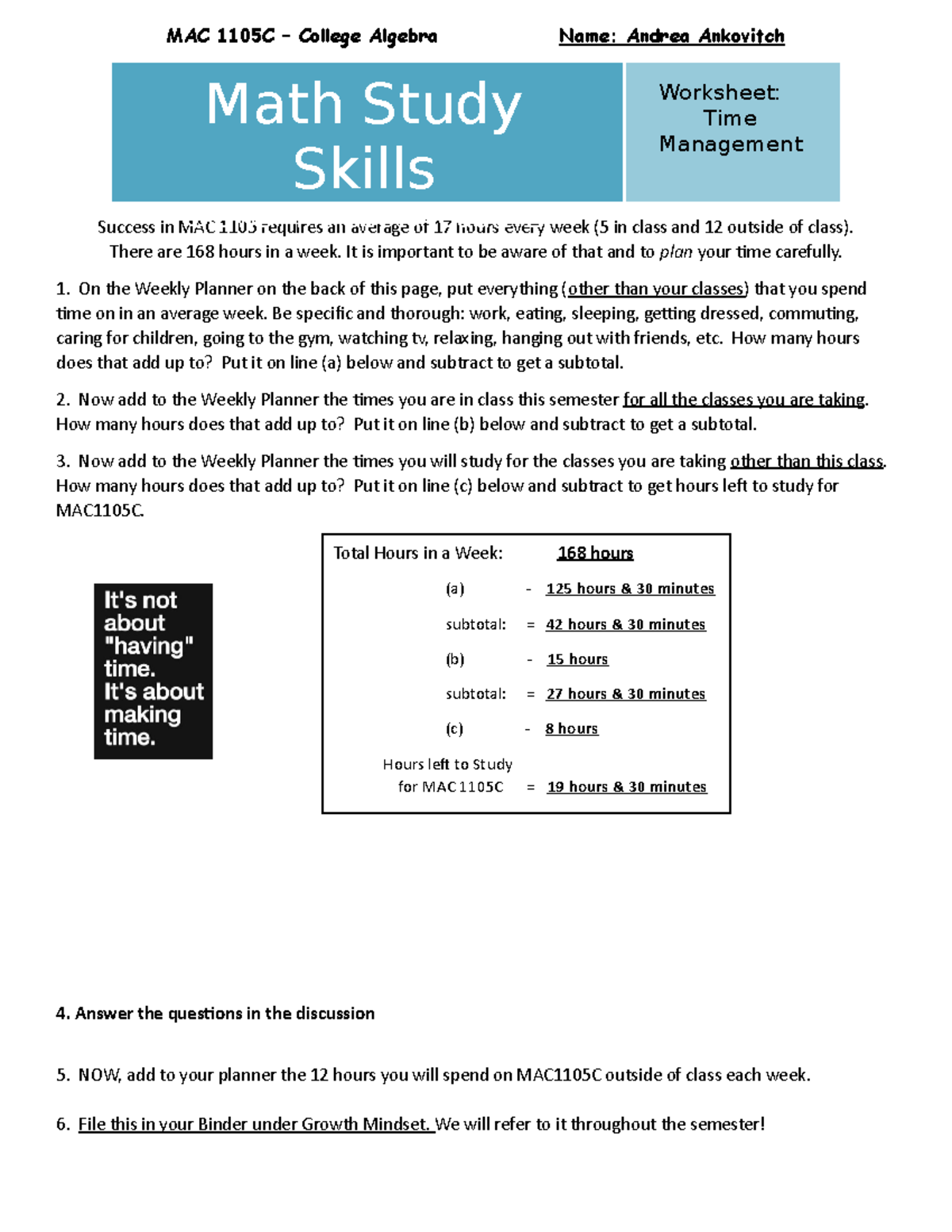 Growth Mindset Module 2 - Time Management - MAC 1105C – College Algebra ...