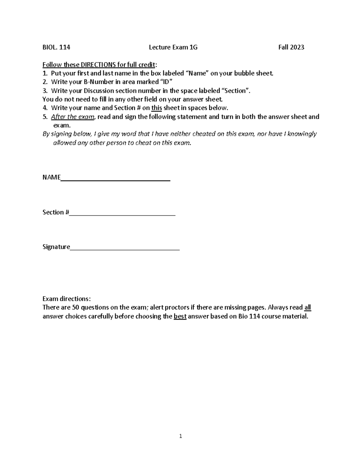 BIOL. 114 - Exam 1 Practice Guide for Fall 2023 - Studocu