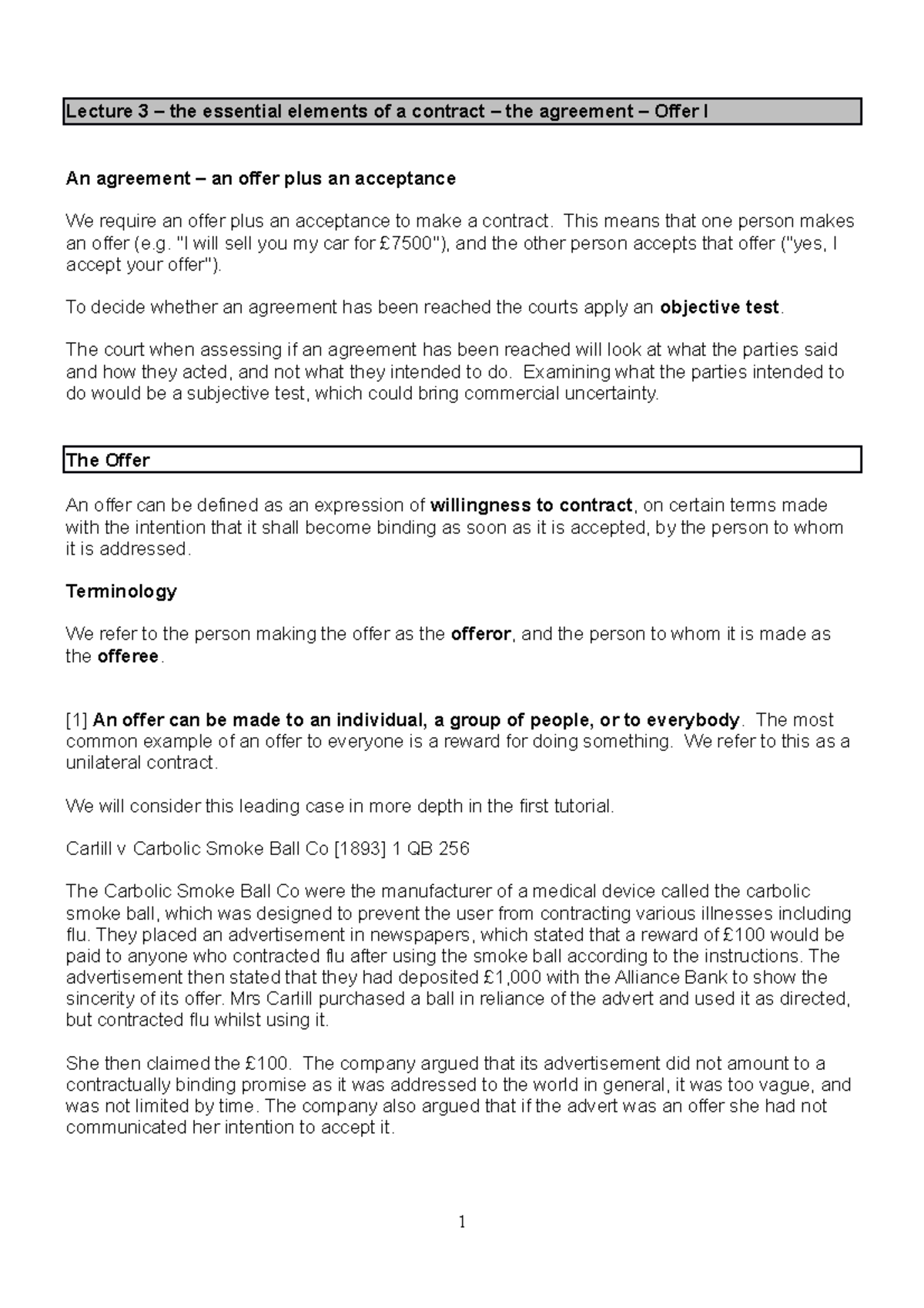 Lecture 3: Essential Elements of a Contract - Offer and Acceptance ...